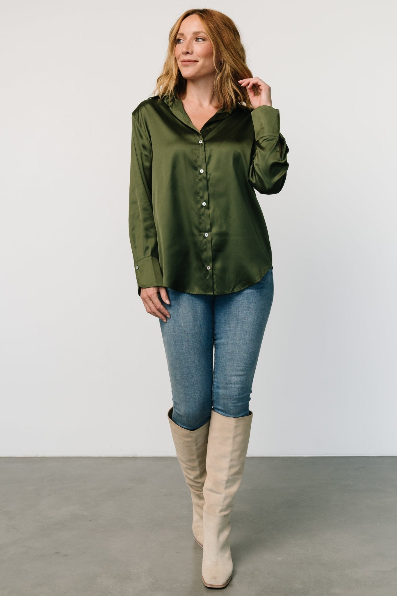 Kacey Satin Button Up Top | Dark Green - Baltic Born