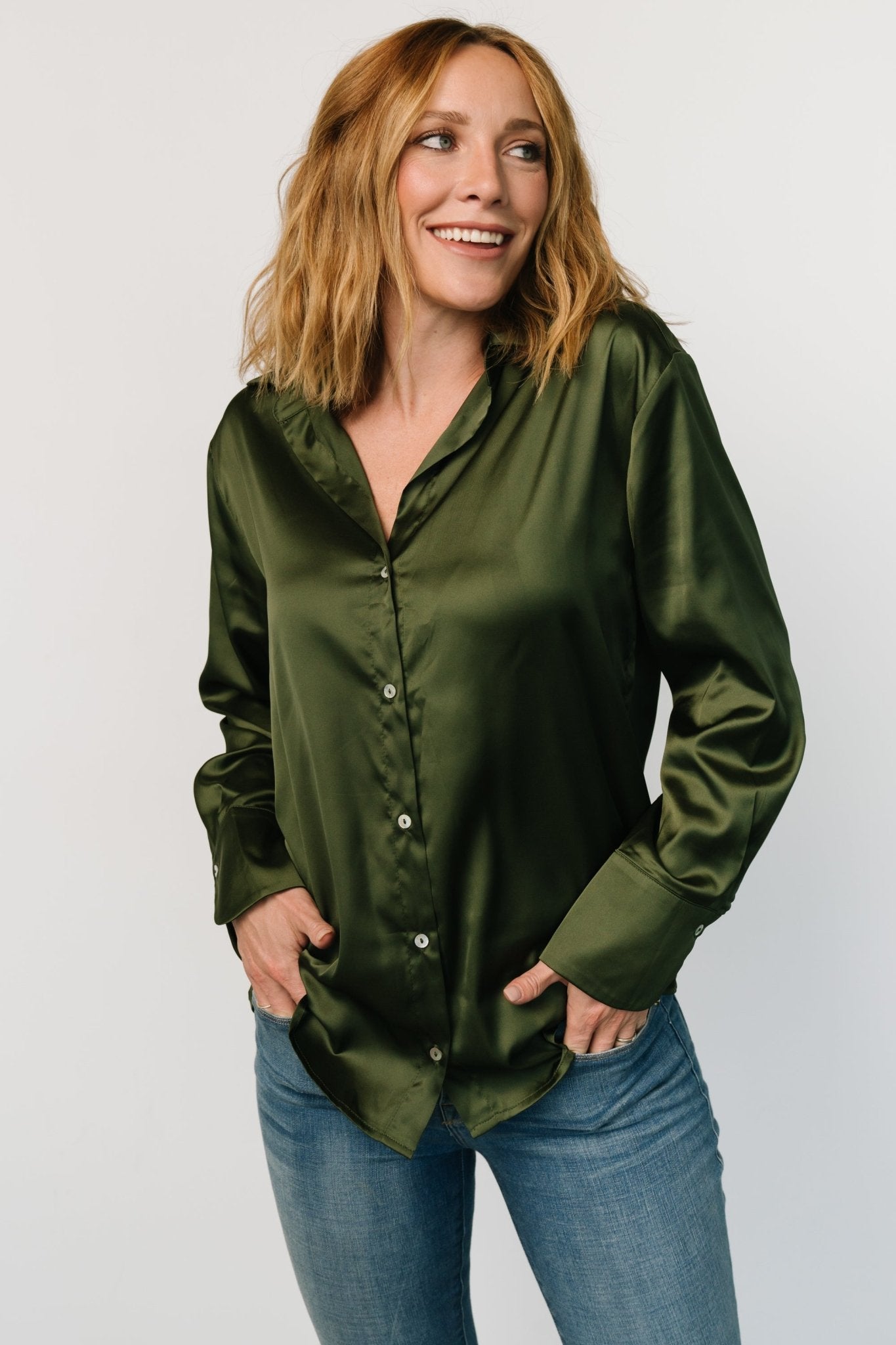 Kacey Satin Button Up Top | Dark Green - Baltic Born