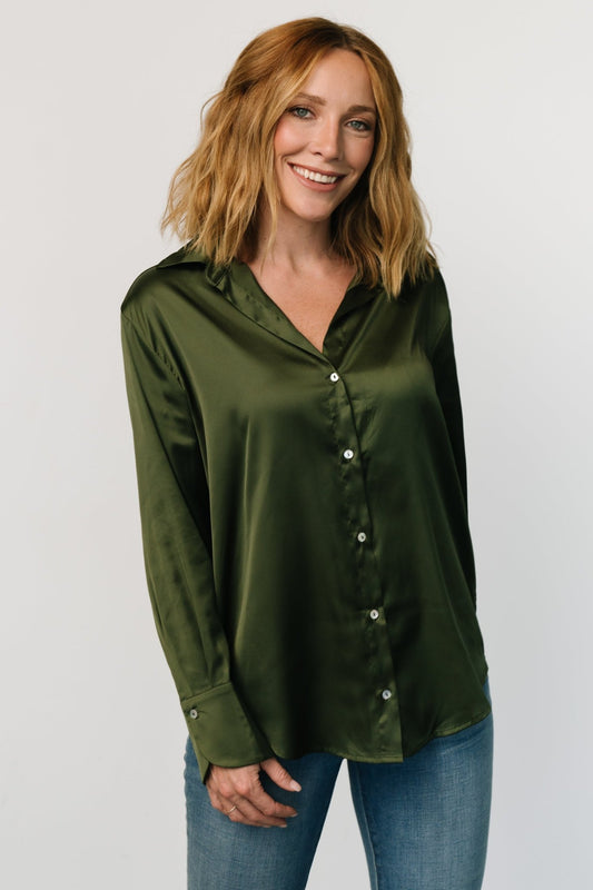 Kacey Satin Button Up Top | Dark Green - Baltic Born