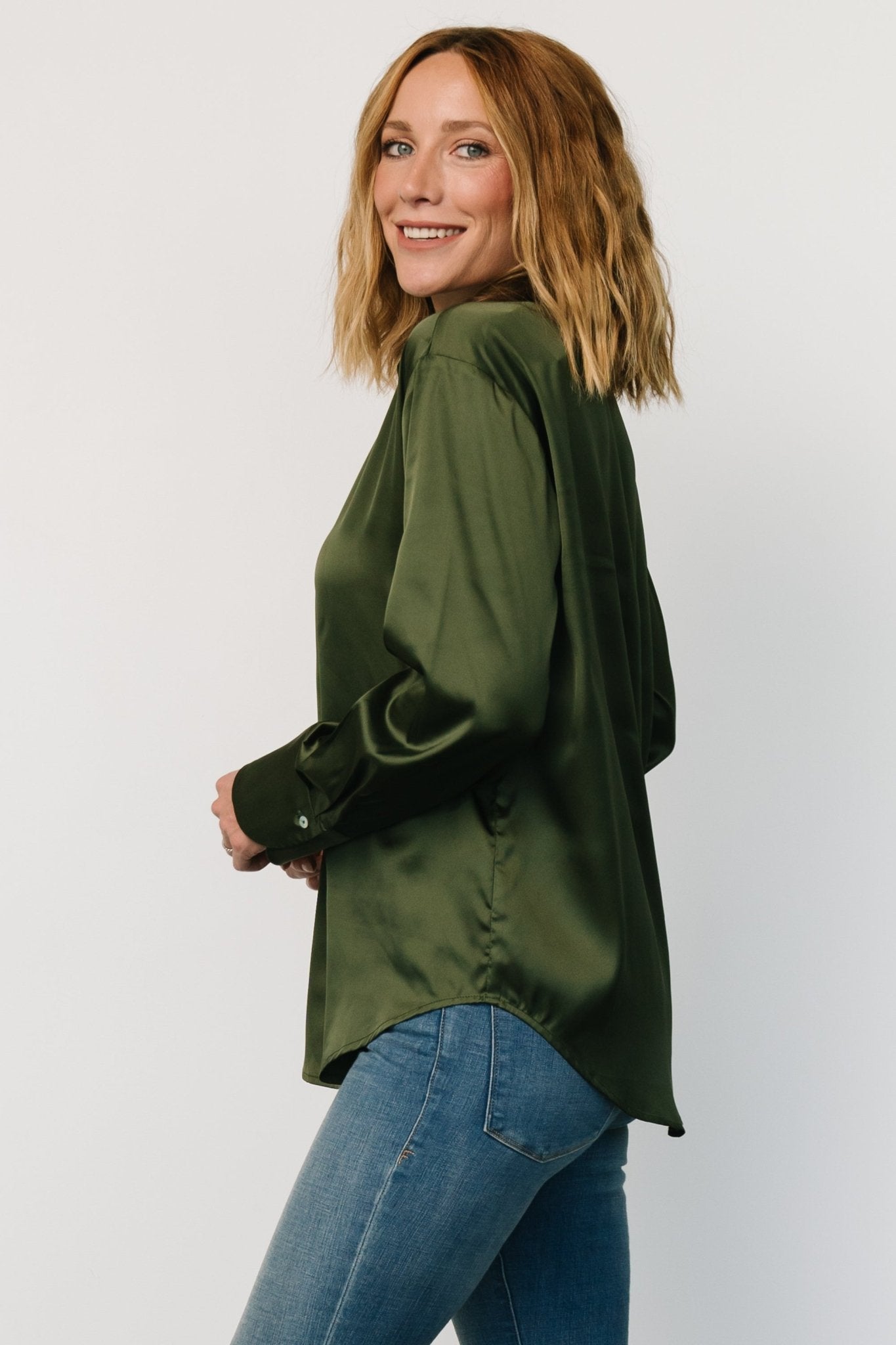 Kacey Satin Button Up Top | Dark Green - Baltic Born