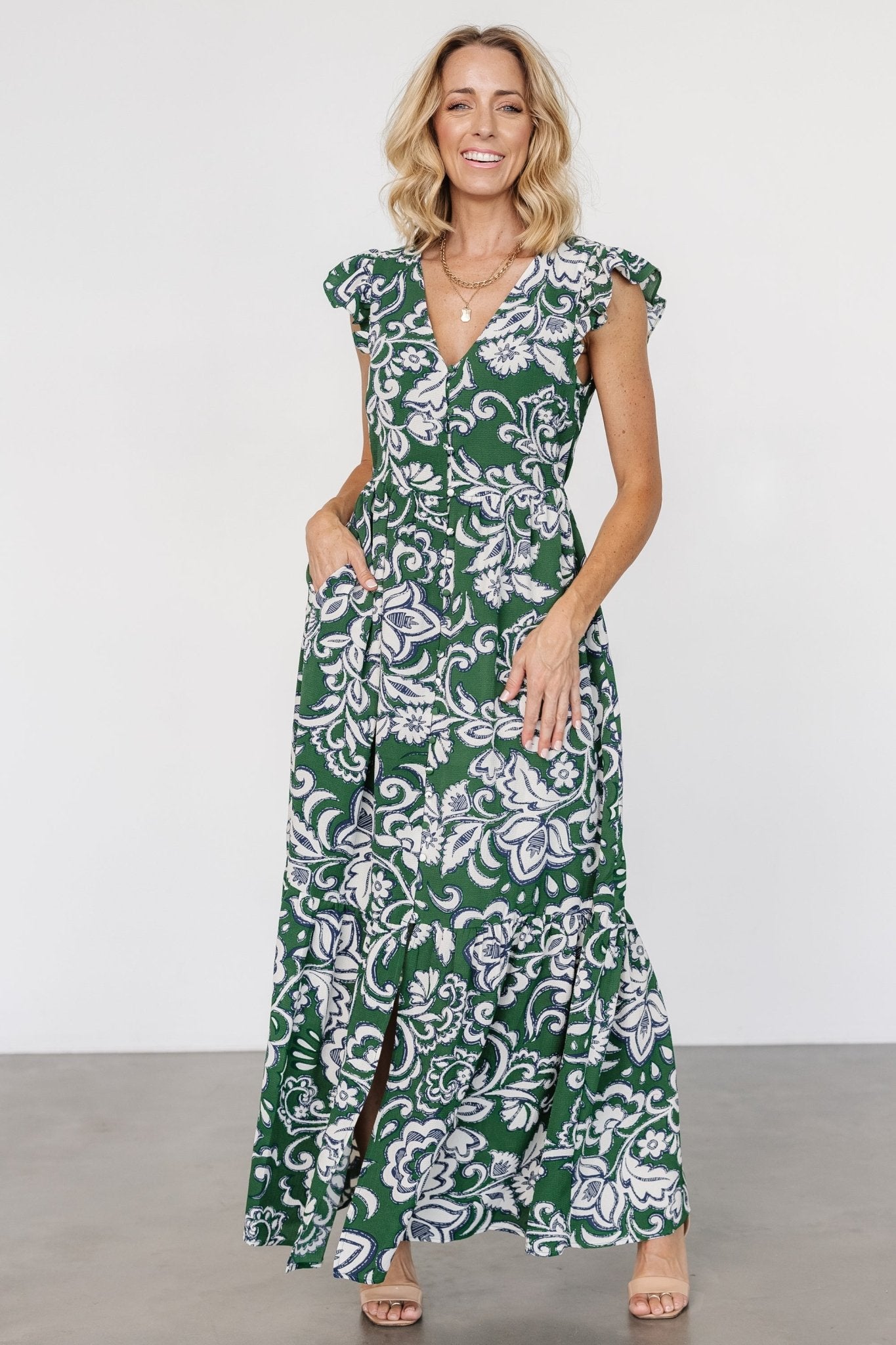 Kaia Button Maxi Dress | Green Print - Baltic Born