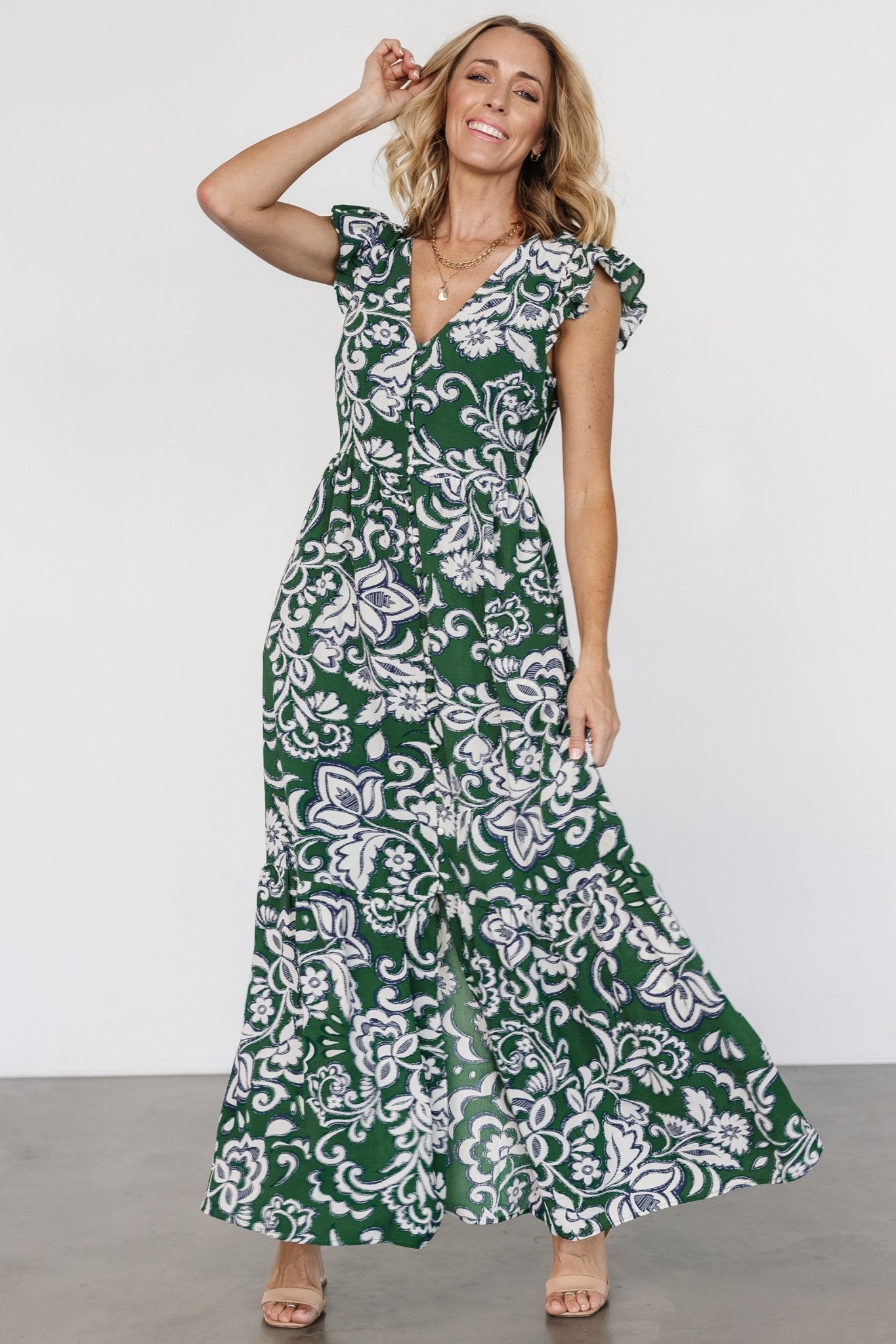 Kaia Button Maxi Dress | Green Print - Baltic Born