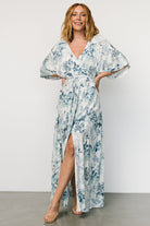 Model wearing Kalea maxi dress in blue and white print, showing flowy kimono sleeves and relaxed, maternity-friendly silhouette.
