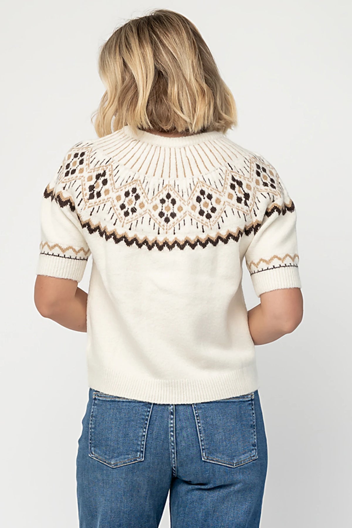 Kambri Sweater Top in Cream Multi with Fair Isle pattern, mock neckline, short sleeves, and ribbed trim.