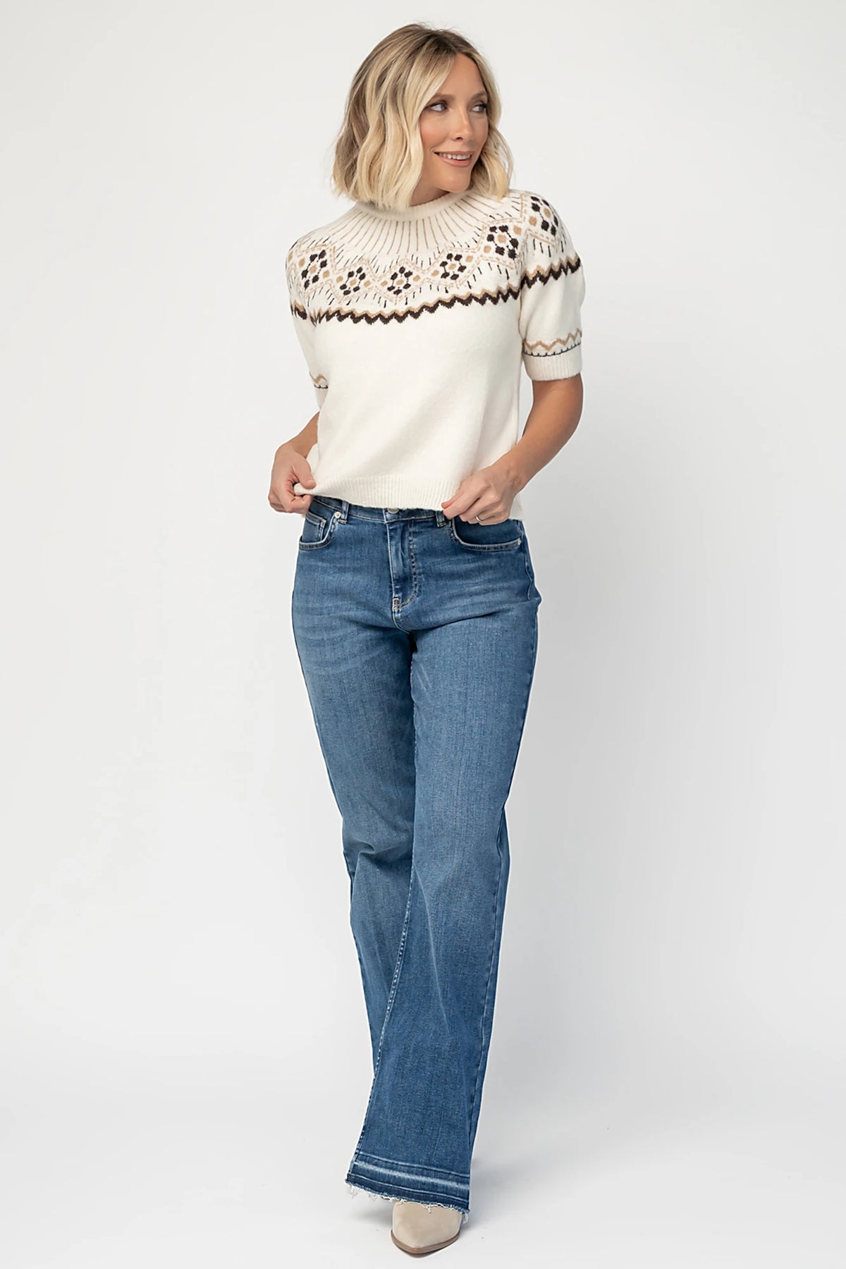Kambri Sweater Top in Cream Multi with Fair Isle pattern, mock neckline, short sleeves, and ribbed trim.