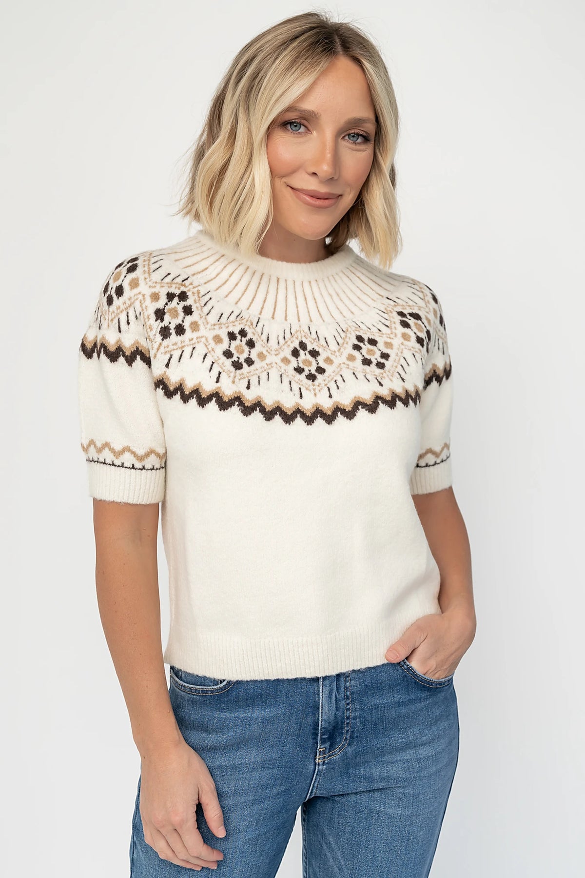 Kambri Sweater Top in Cream Multi with Fair Isle pattern, mock neckline, short sleeves, and ribbed trim.