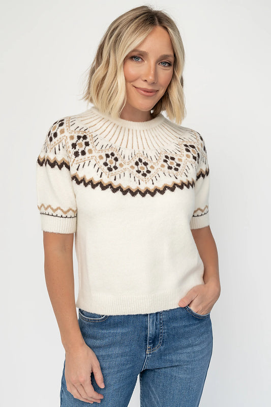 Kambri Sweater Top in Cream Multi with Fair Isle pattern, mock neckline, short sleeves, and ribbed trim.