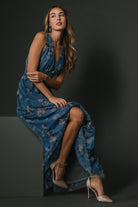 Editorial close-up of Kamila Tulle Maxi Dress fabric and print in Blue Multi Floral, highlighting soft tulle texture and colorway details.