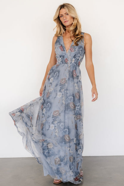 Kamila Tulle Maxi Dress | Dusty Blue Floral - Baltic Born