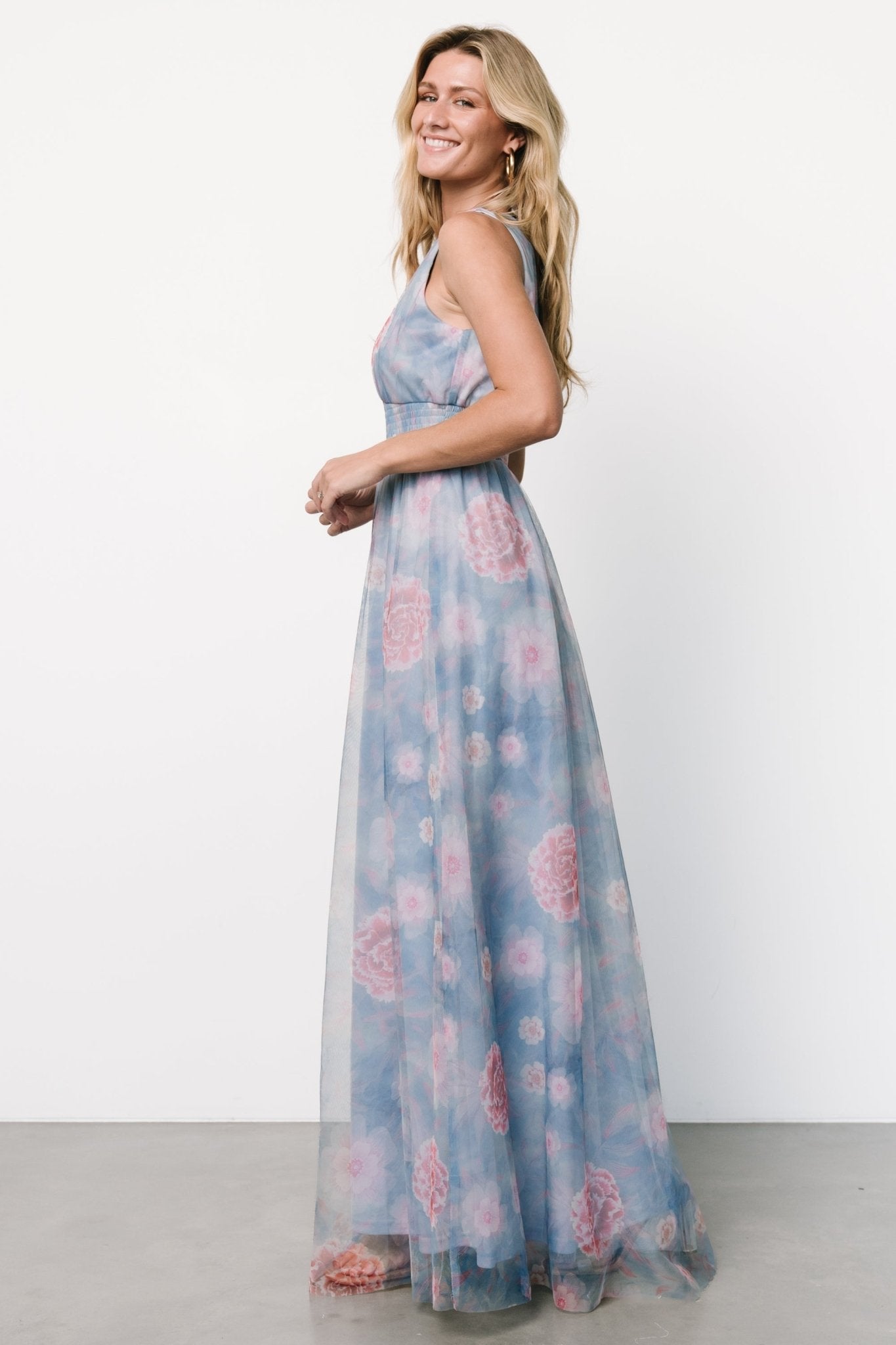 Baltic Born Womens Kamila Tulle Maxi Dress | Light Blue + Pink Floral