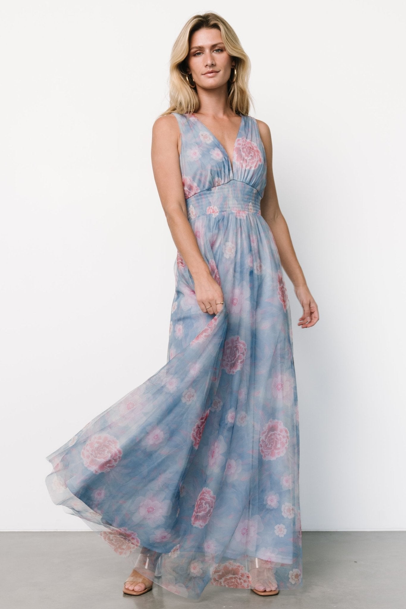 Baltic Born Womens Kamila Tulle Maxi Dress | Light Blue + Pink Floral