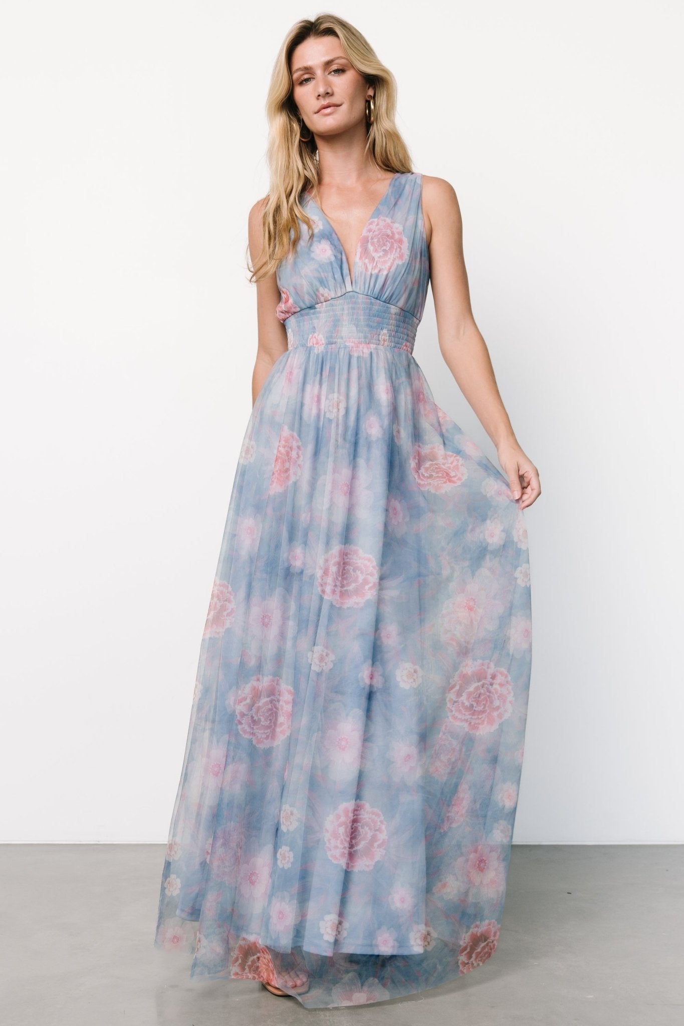 Kamila Tulle Maxi Dress | Light Blue + Pink Floral - Baltic Born