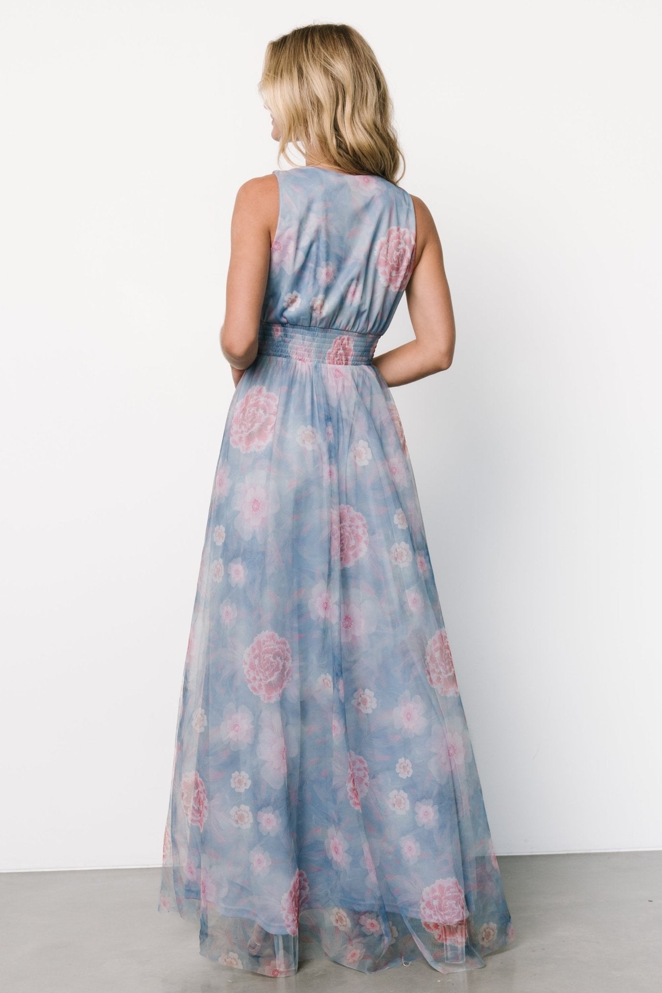 Kamila Tulle Maxi Dress | Light Blue + Pink Floral - Baltic Born