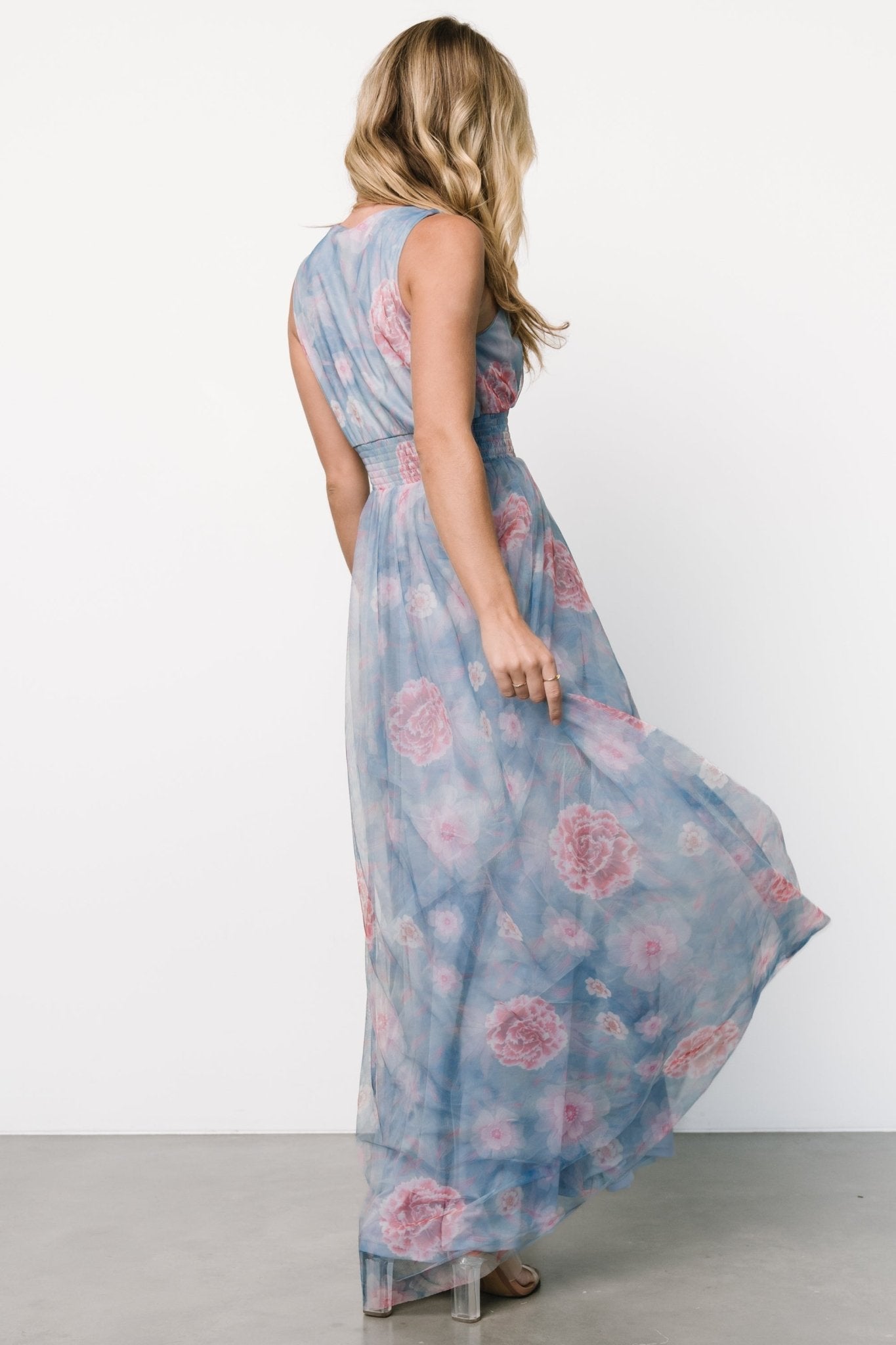 Kamila Tulle Maxi Dress | Light Blue + Pink Floral - Baltic Born