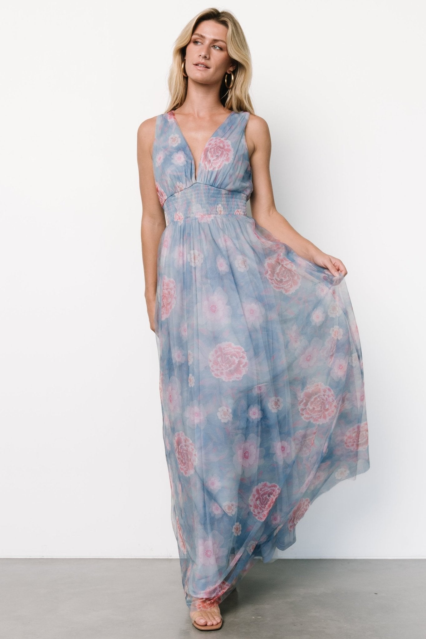 Baltic Born Womens Kamila Tulle Maxi Dress | Light Blue + Pink Floral