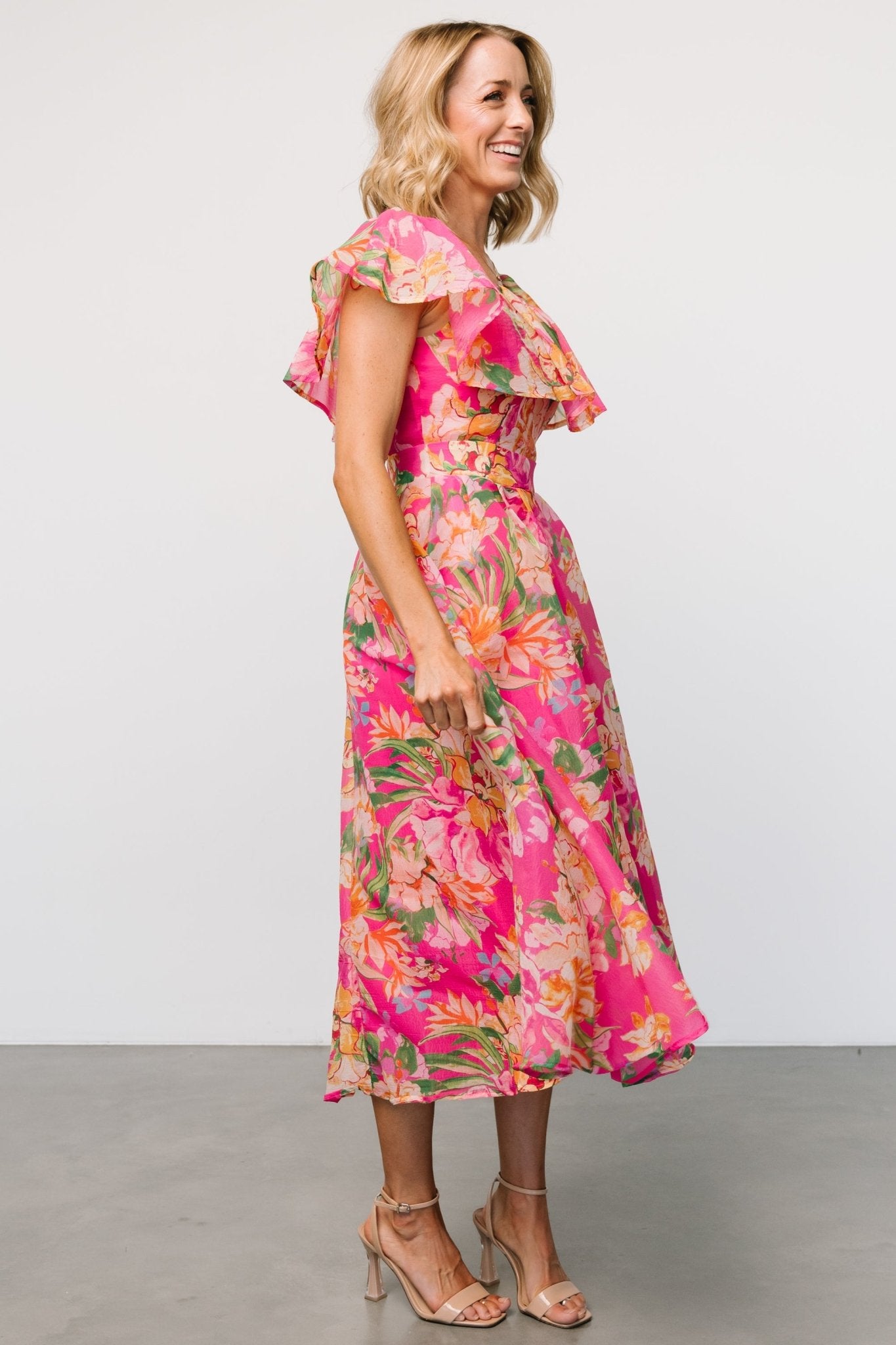 Kartini Off Shoulder Midi Dress | Fuchsia Multi - Baltic Born