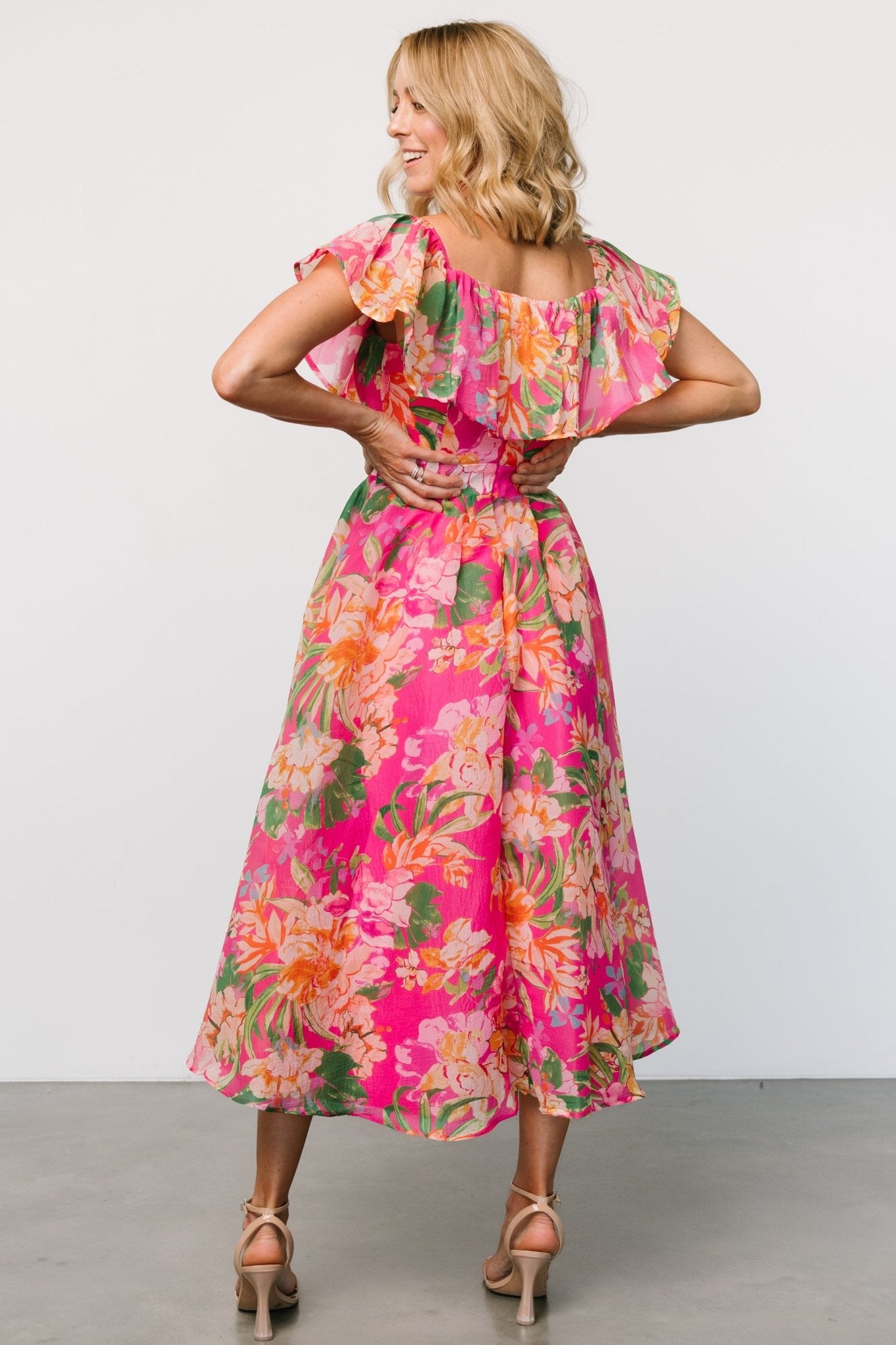 Kartini Off Shoulder Midi Dress | Fuchsia Multi - Baltic Born