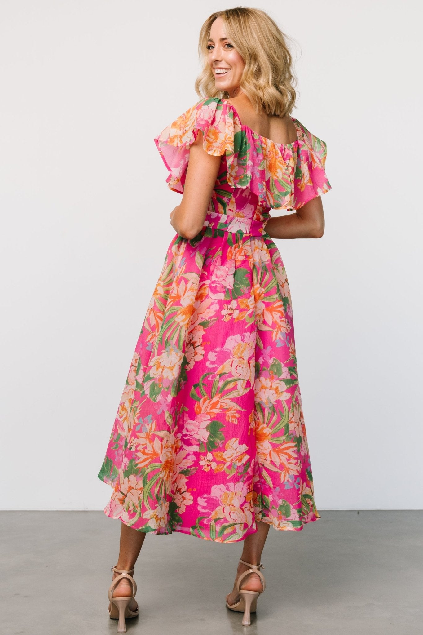 Kartini Off Shoulder Midi Dress | Fuchsia Multi - Baltic Born