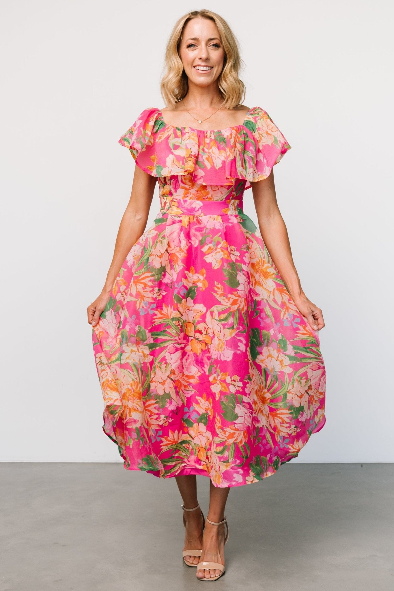 Kartini Off Shoulder Midi Dress | Fuchsia Multi - Baltic Born