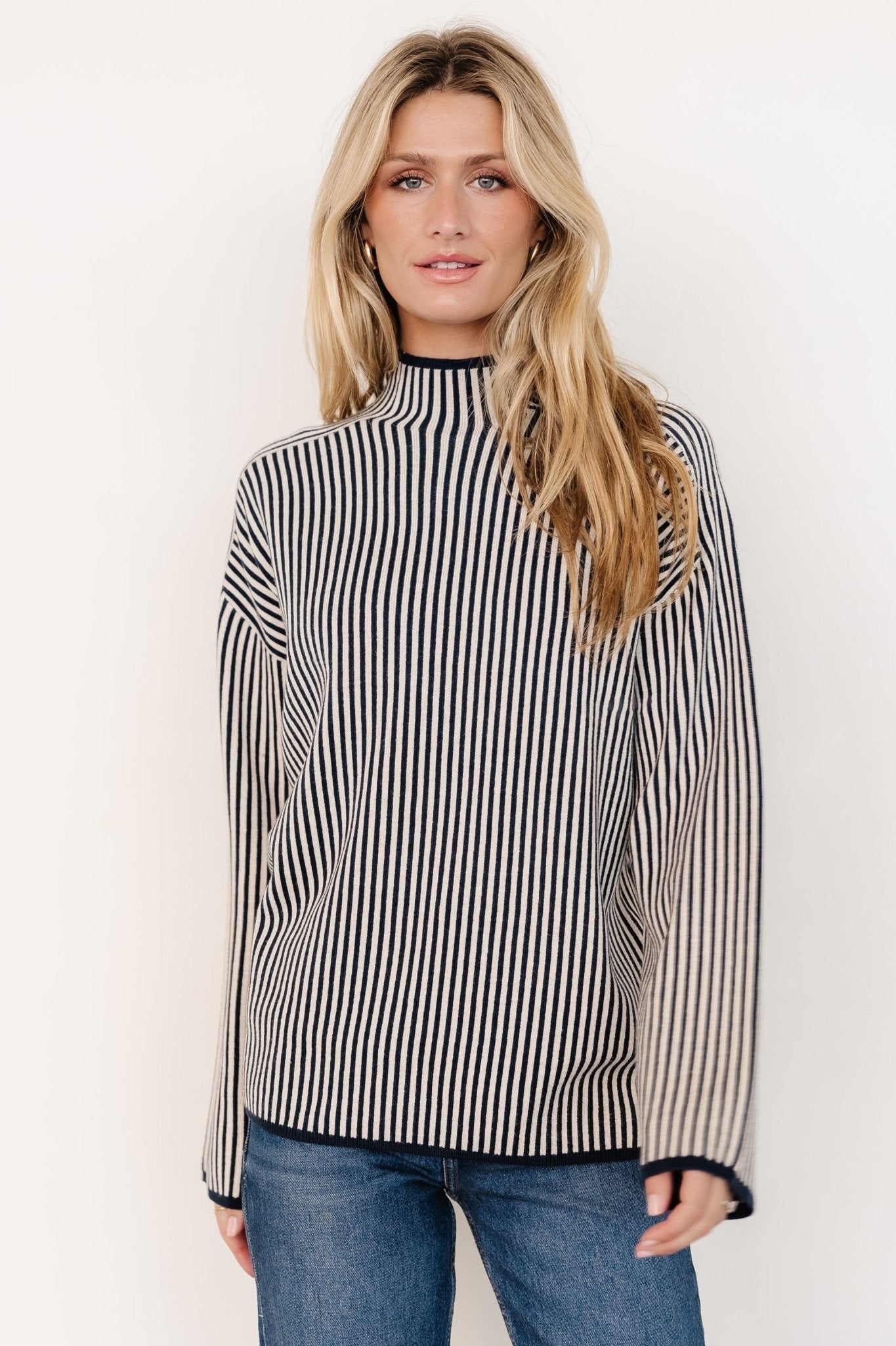 Kat Mock Neck Sweater | Navy Stripe - Baltic Born