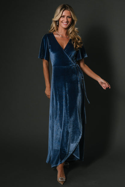 Katelyn Velvet Maxi Wrap Dress | Blue - Baltic Born