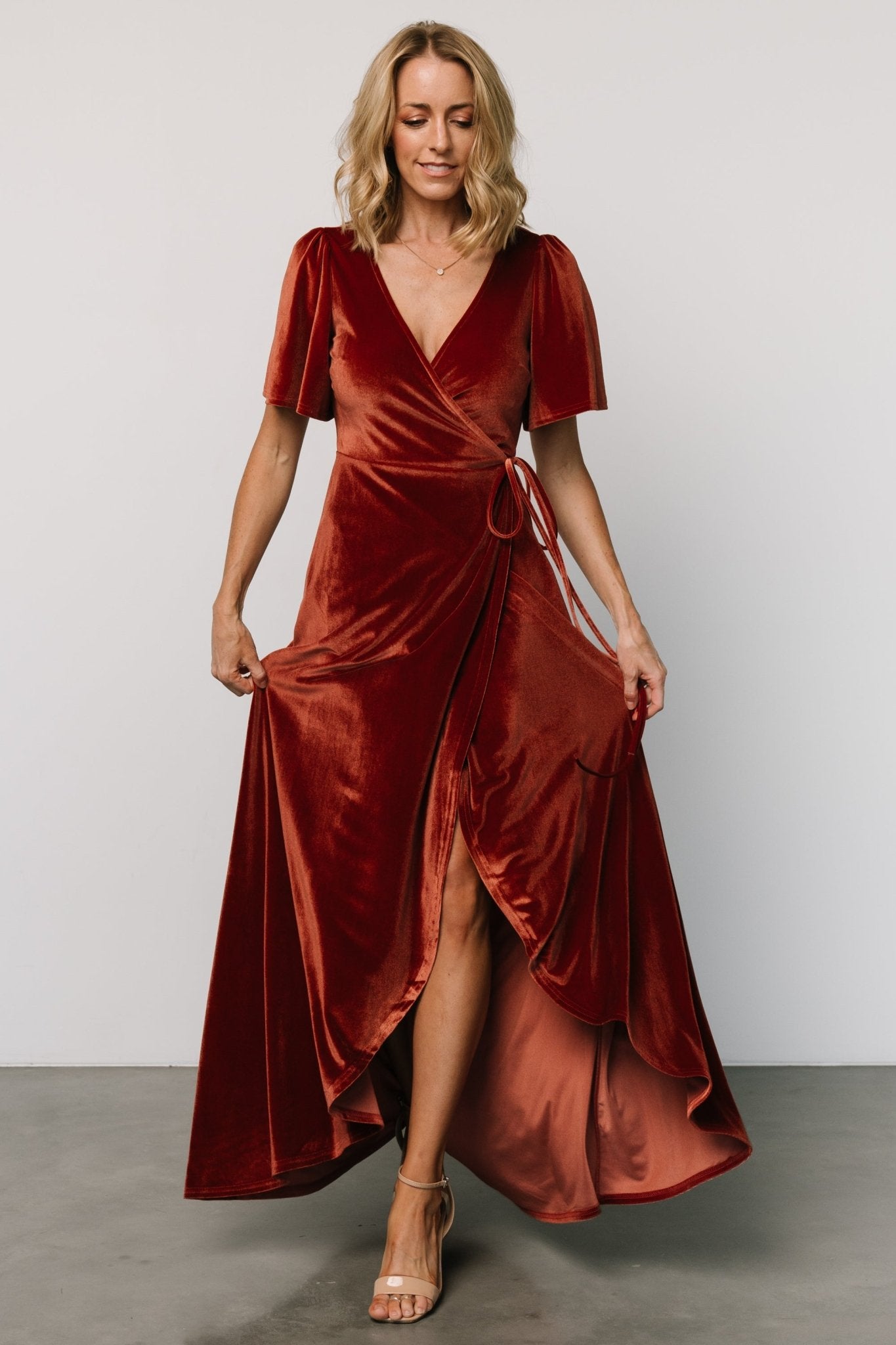 Katelyn Velvet Maxi Wrap Dress | Cinnamon - Baltic Born