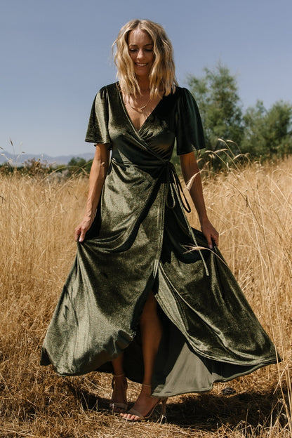 Katelyn Velvet Maxi Wrap Dress | Dark Olive - Baltic Born