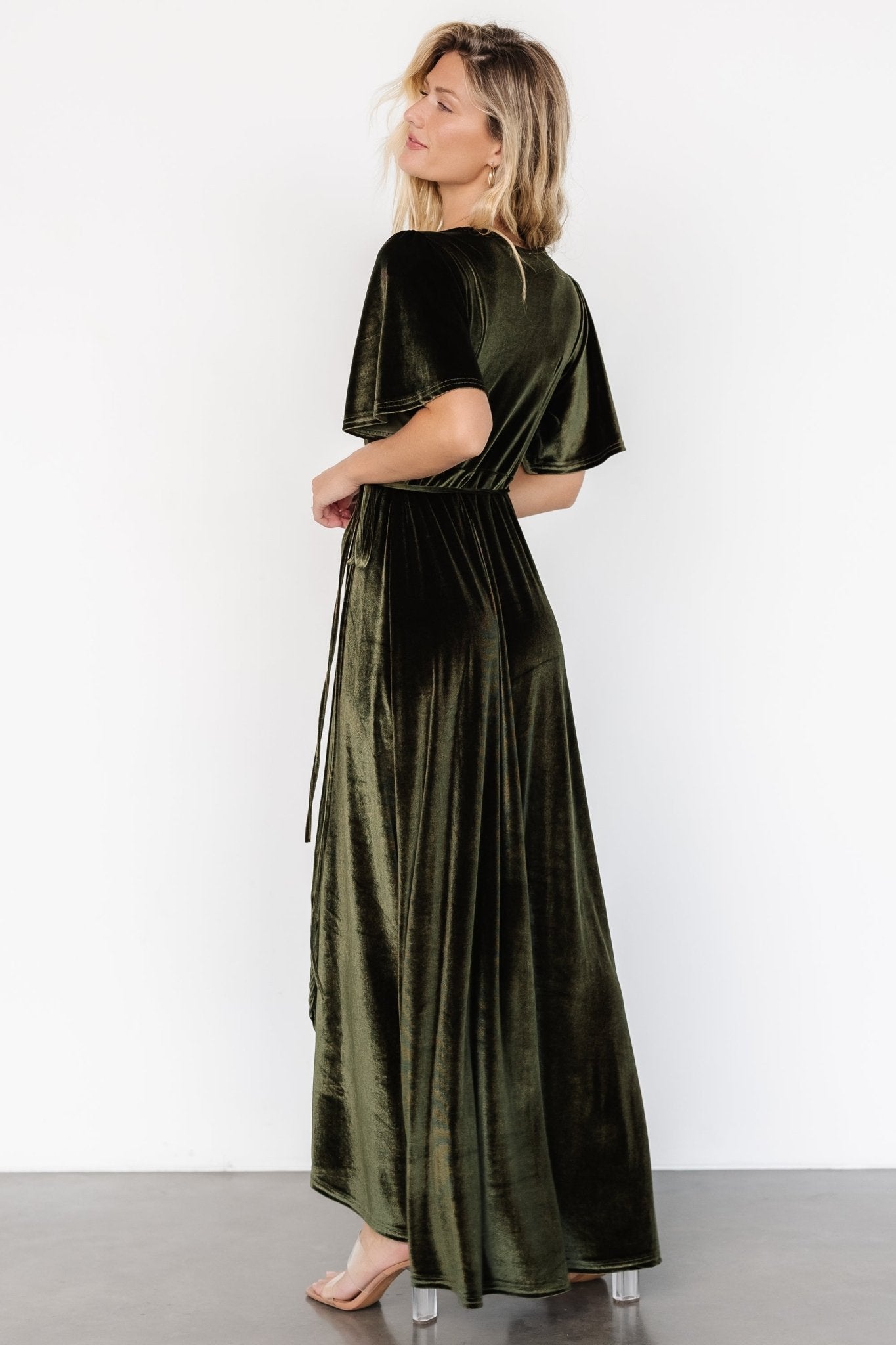 Katelyn Velvet Maxi Wrap Dress | Dark Olive - Baltic Born