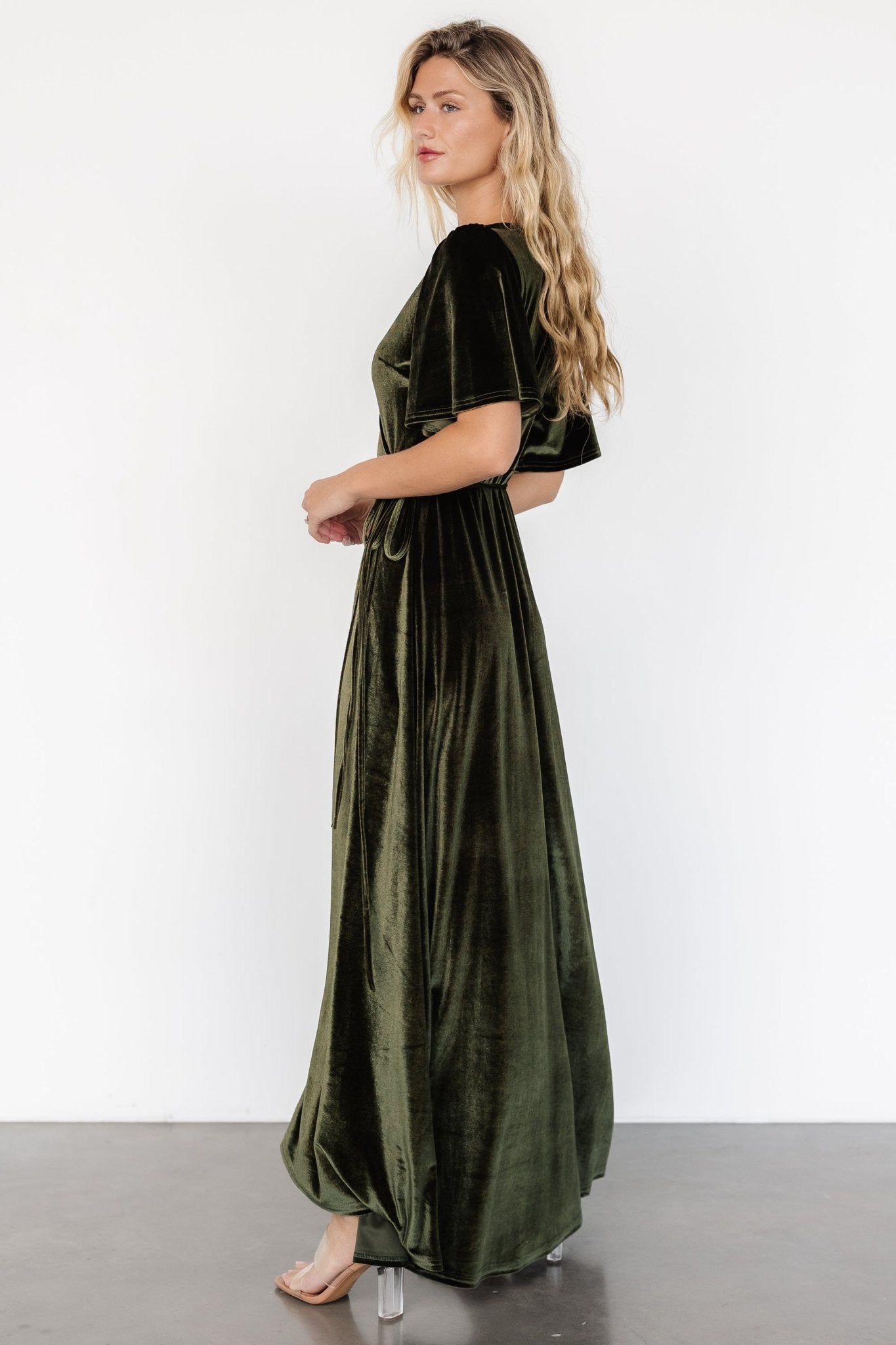 Katelyn Velvet Maxi Wrap Dress | Dark Olive - Baltic Born