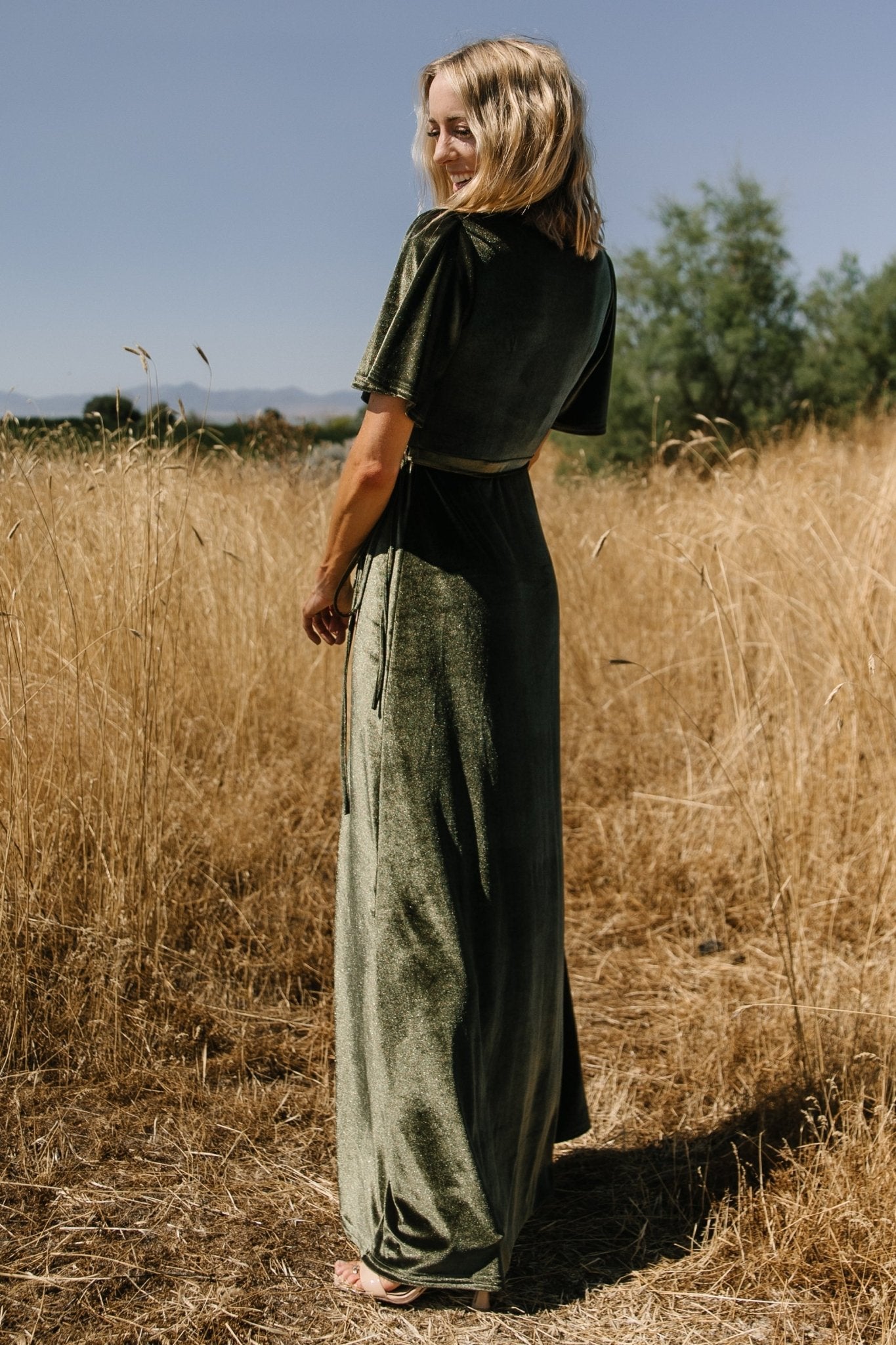 Baltic Born Womens Katelyn Velvet Maxi Wrap Dress | Dark Olive