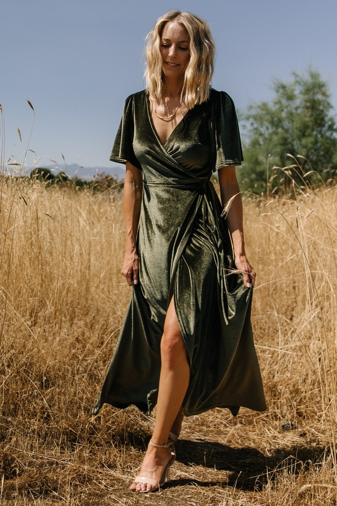 Baltic Born Womens Katelyn Velvet Maxi Wrap Dress | Dark Olive