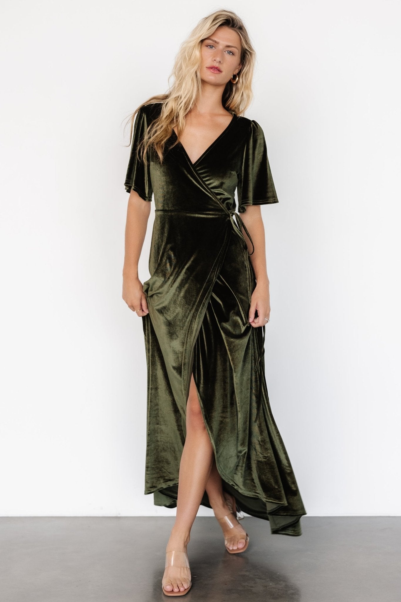 Katelyn Velvet Maxi Wrap Dress | Dark Olive - Baltic Born