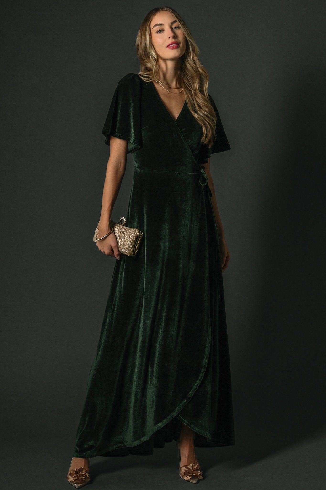Katelyn Velvet Maxi Wrap Dress in Deep Green