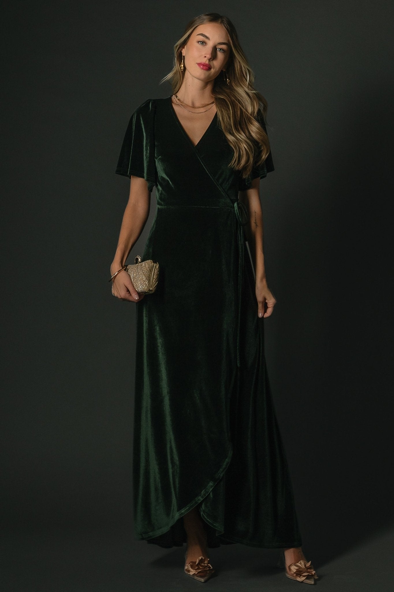 Katelyn Velvet Maxi Wrap Dress | Deep Green - Baltic Born