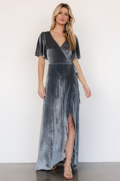 Katelyn Velvet Maxi Wrap Dress | Dusty Blue - Baltic Born