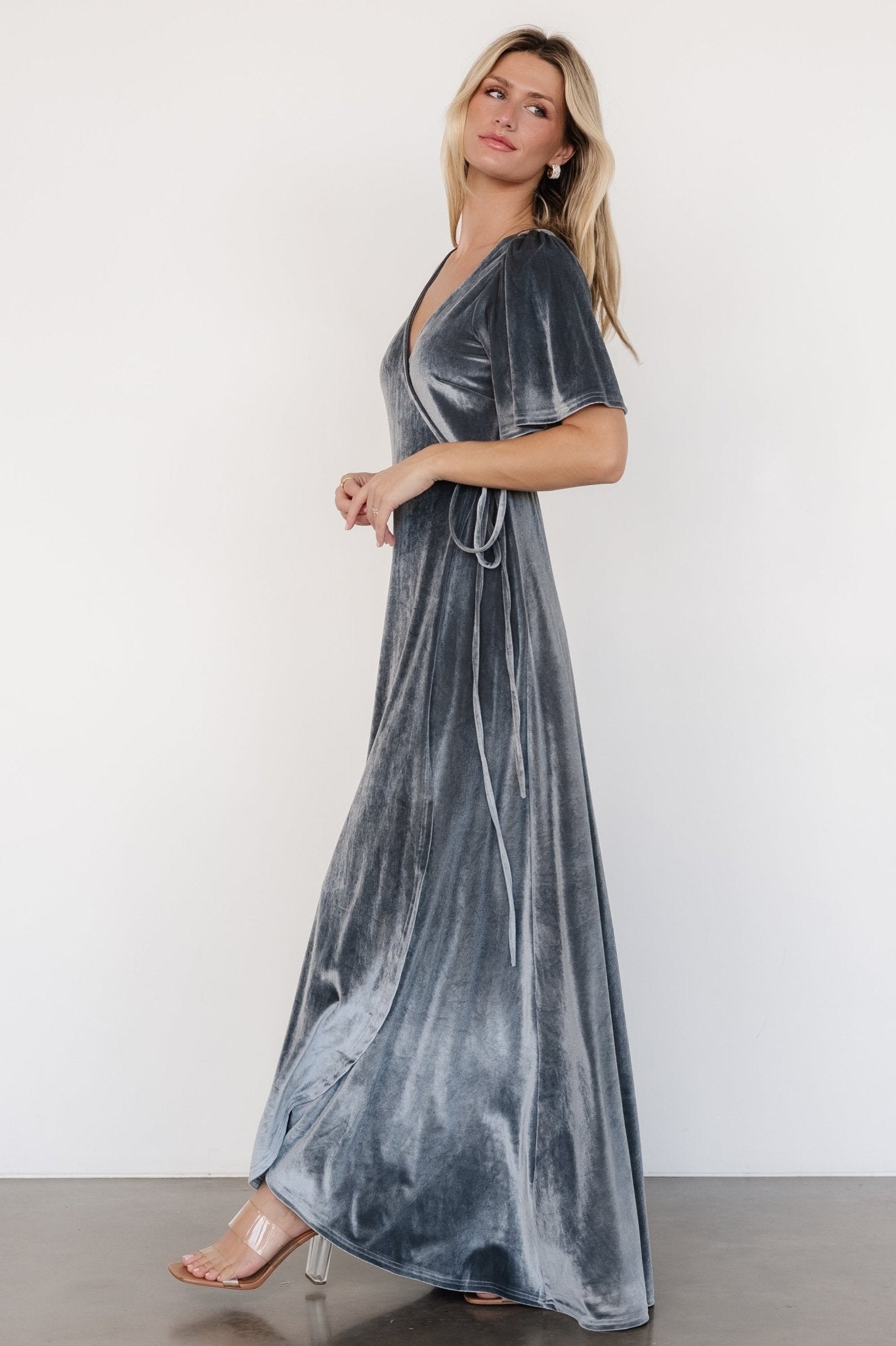 Katelyn Velvet Maxi Wrap Dress | Dusty Blue - Baltic Born