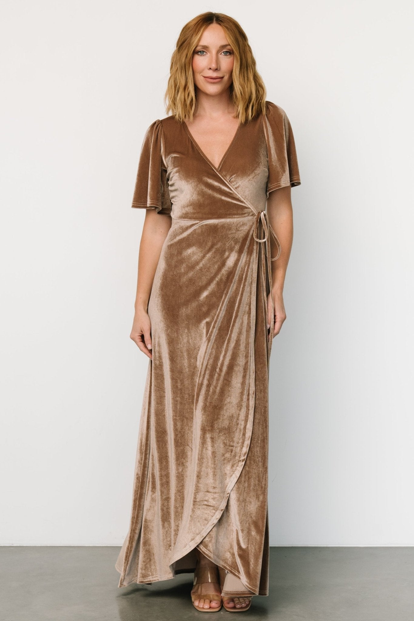 Katelyn Velvet Maxi Wrap Dress | Taupe - Baltic Born