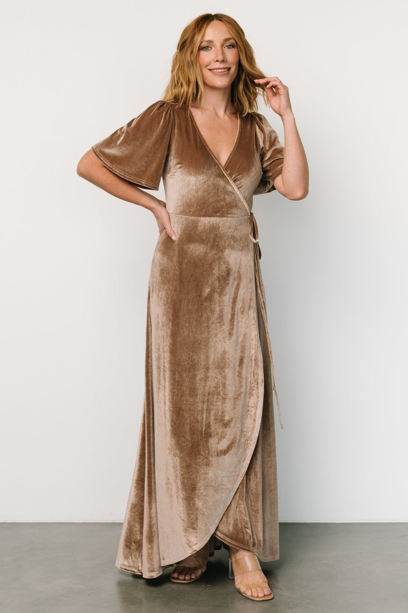 Katelyn Velvet Wrap Dress — Taupe V-Neck Maxi
