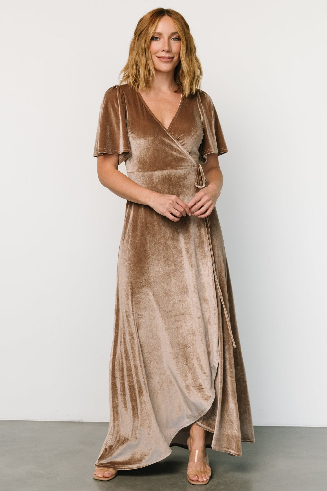 Katelyn Velvet Maxi Wrap Dress | Taupe - Baltic Born