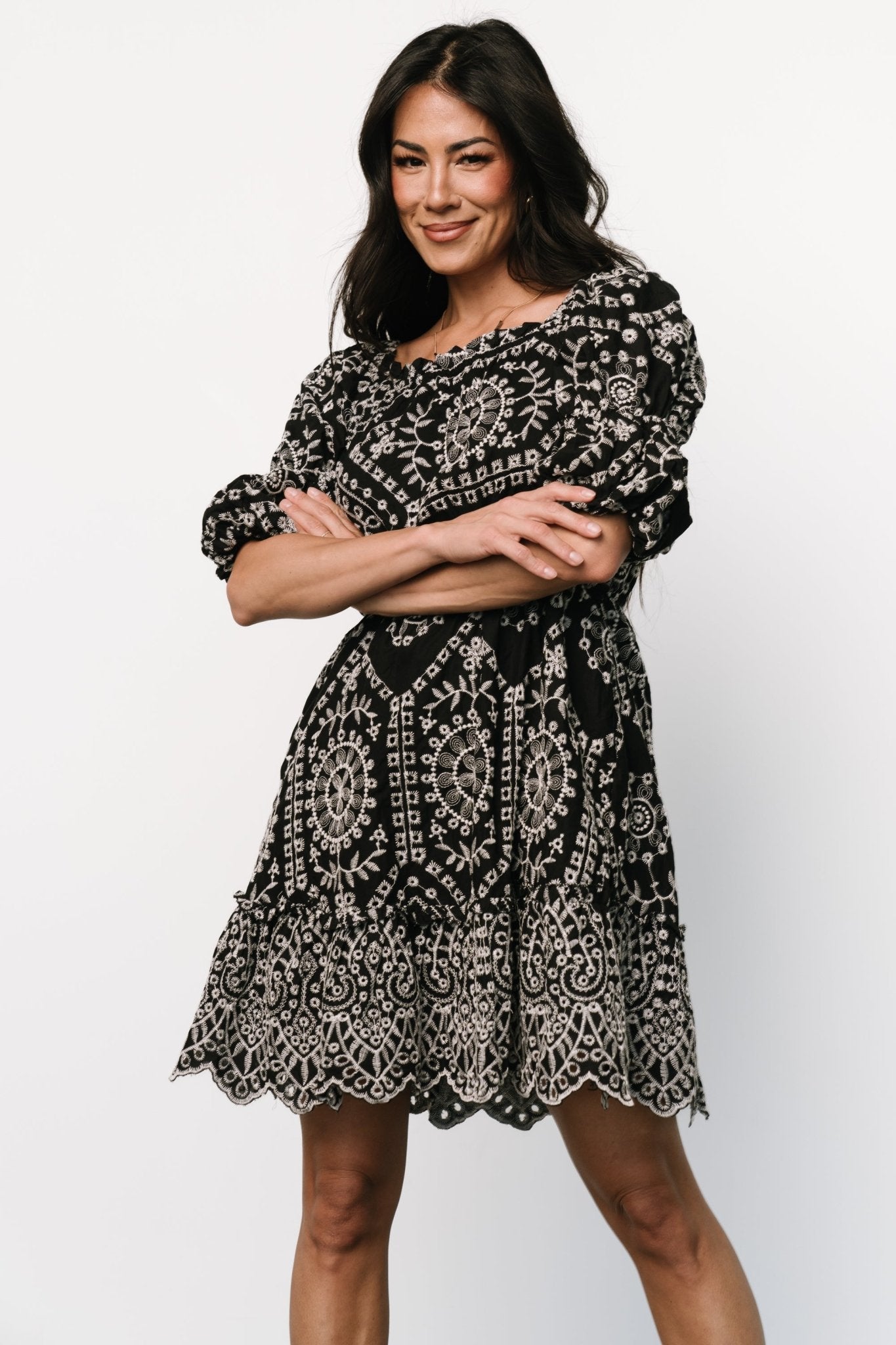 Katina Embroidered Short Dress | Black + White - Baltic Born