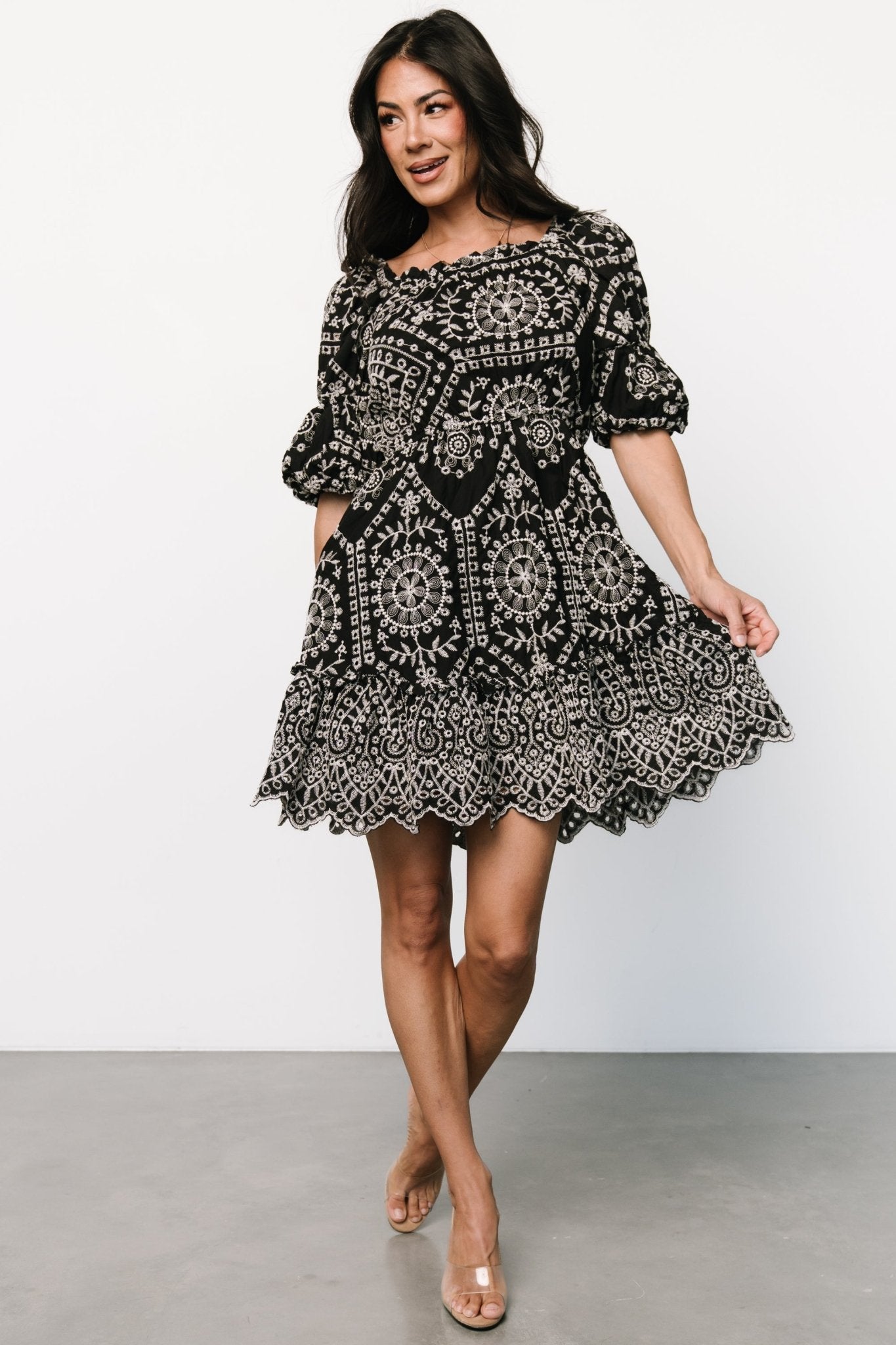 Katina Embroidered Short Dress | Black + White - Baltic Born