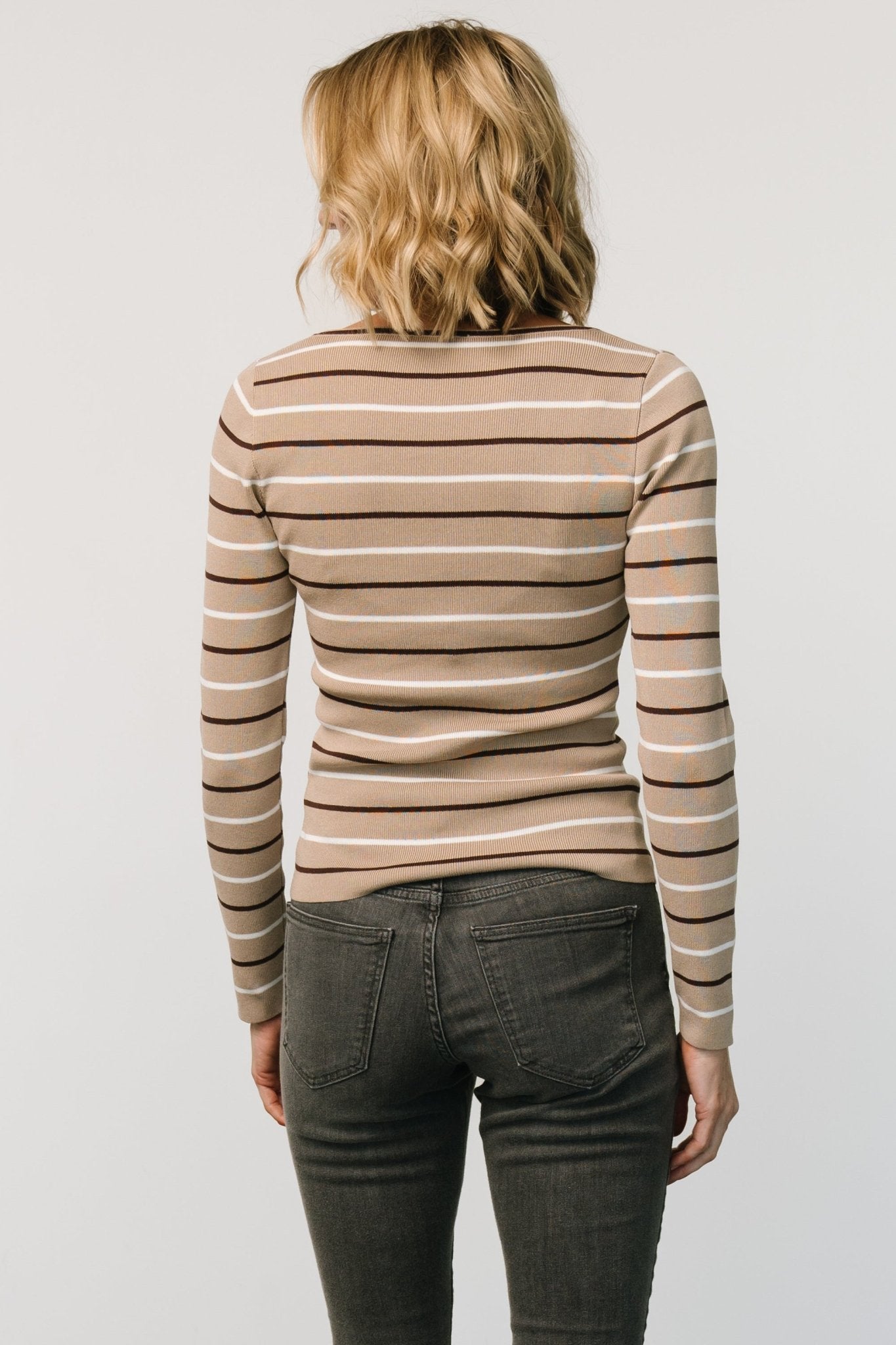 Flat-lay and detail view of Kaylee taupe stripe long sleeve top, showing stripe placement, knit stretch, and neckline shape for shopper reference.