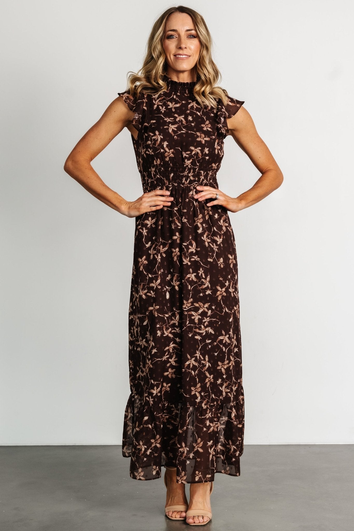 Baltic Born Womens Kearny Ruffle Maxi Dress | Brown + Natural | Color: Brown Floral | Size: XL Baltic Born Womens Kearny Ruffle Maxi Dress | Brown + Natural | Color: Brown Floral | Size: XL