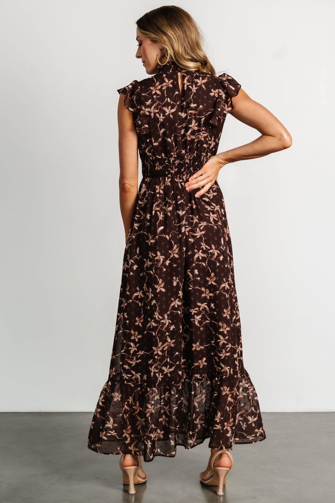 Kearny Ruffle Maxi Dress | Brown Floral - Baltic Born