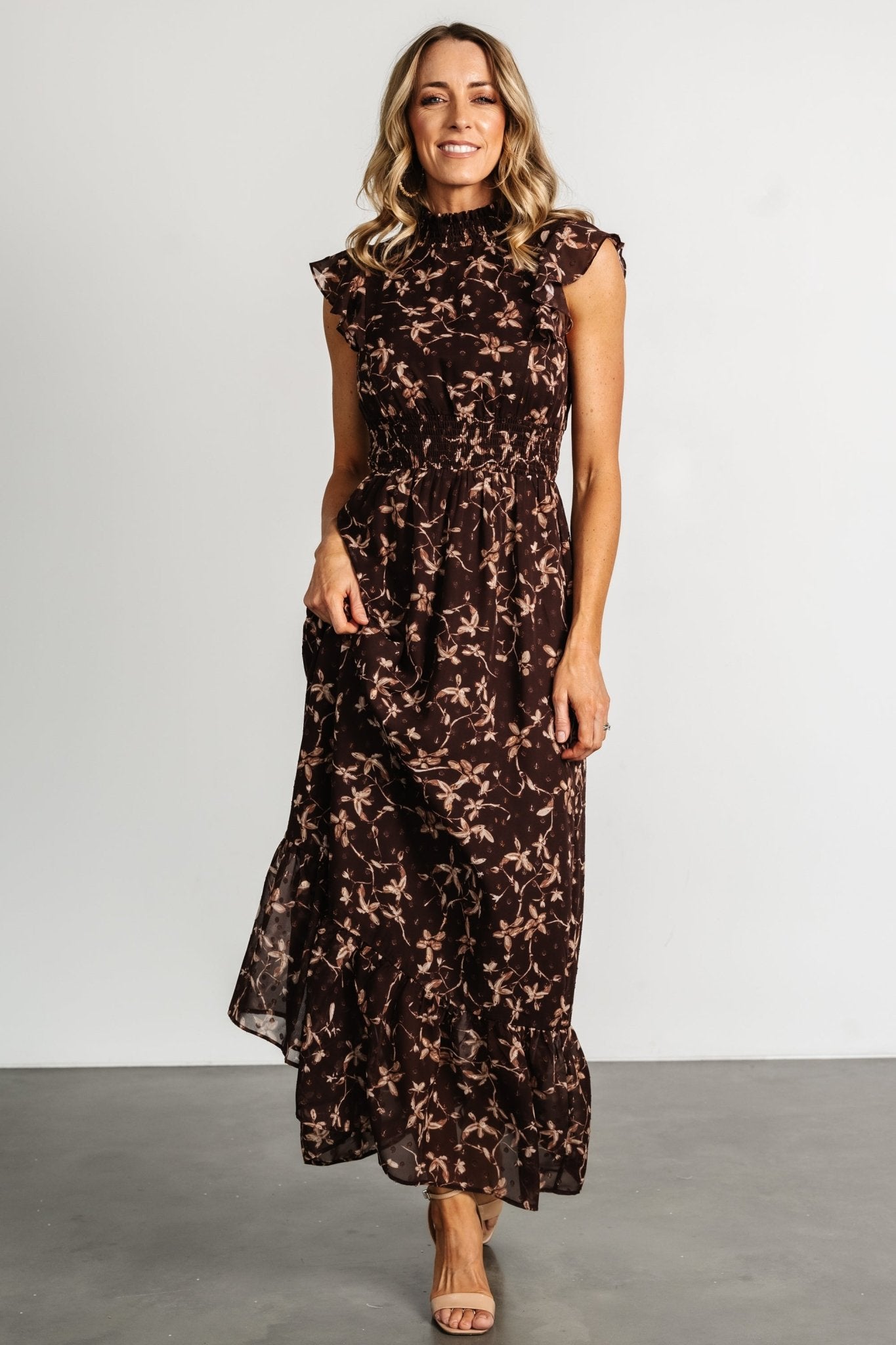 Kearny Ruffle Maxi Dress | Brown Floral - Baltic Born