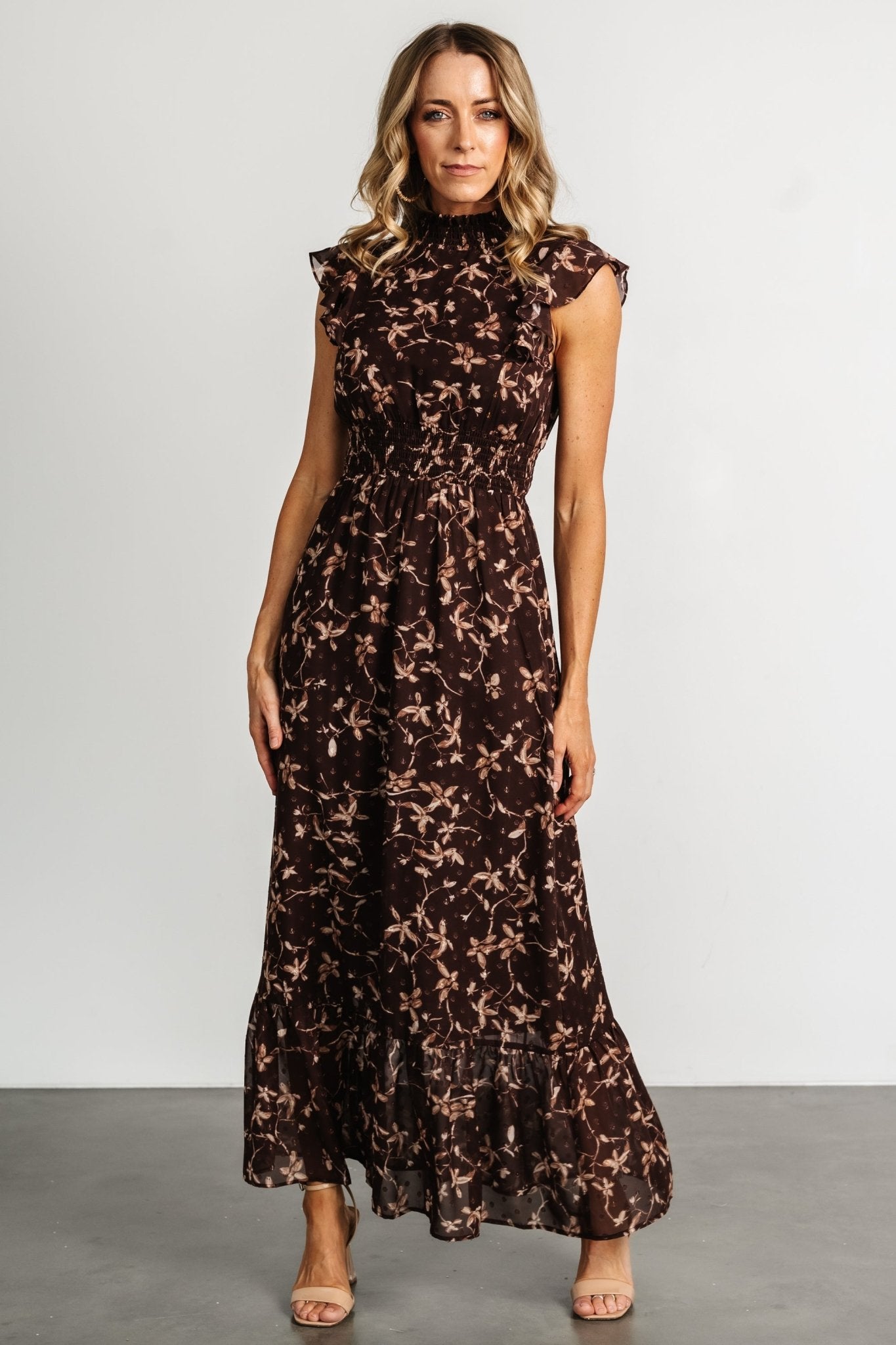 Kearny Ruffle Maxi Dress | Brown Floral - Baltic Born