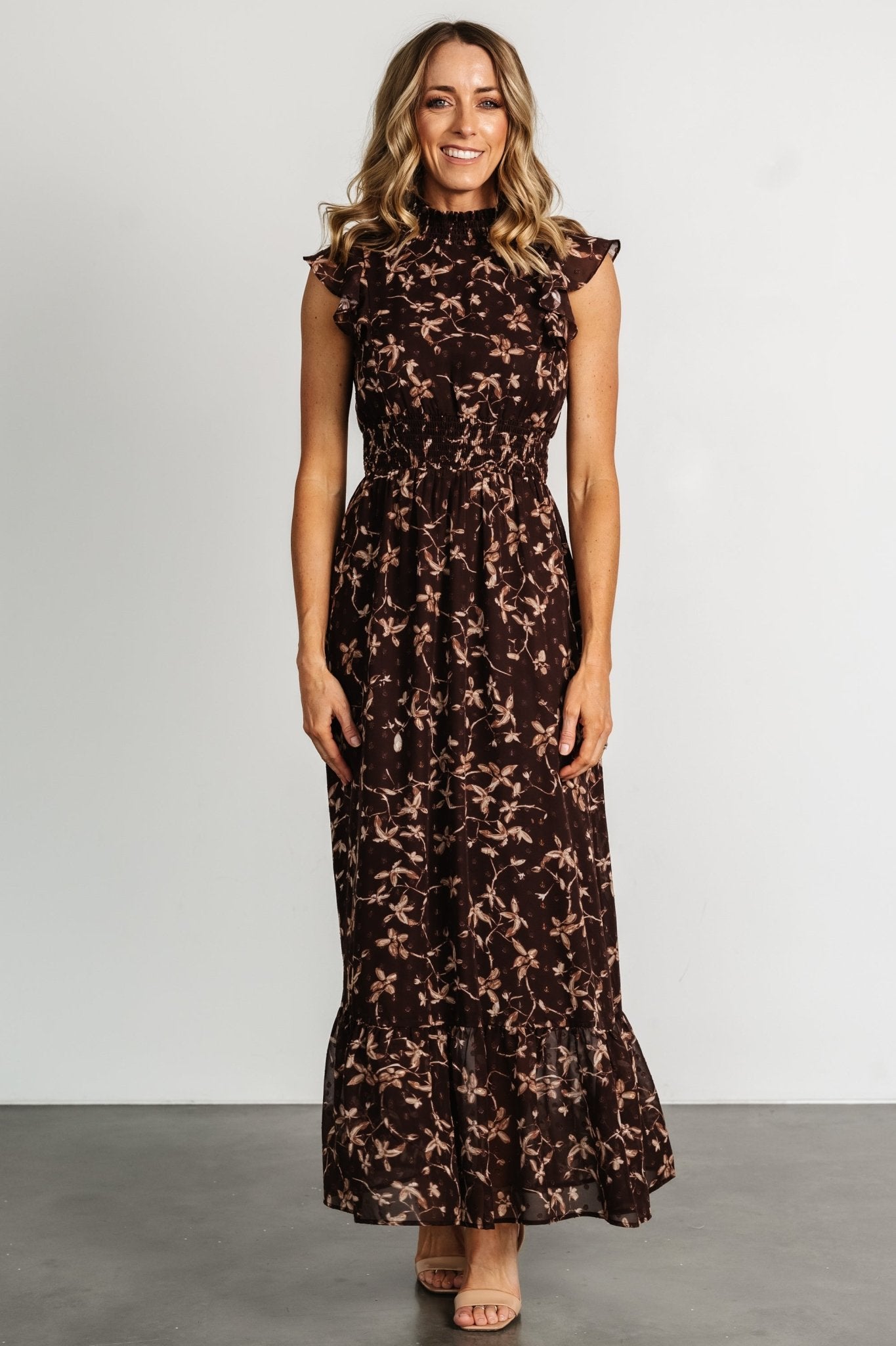 Baltic Born Womens Kearny Ruffle Maxi Dress | Brown + Natural | Color: Brown Floral | Size: XL Baltic Born Womens Kearny Ruffle Maxi Dress | Brown + Natural | Color: Brown Floral | Size: XL
