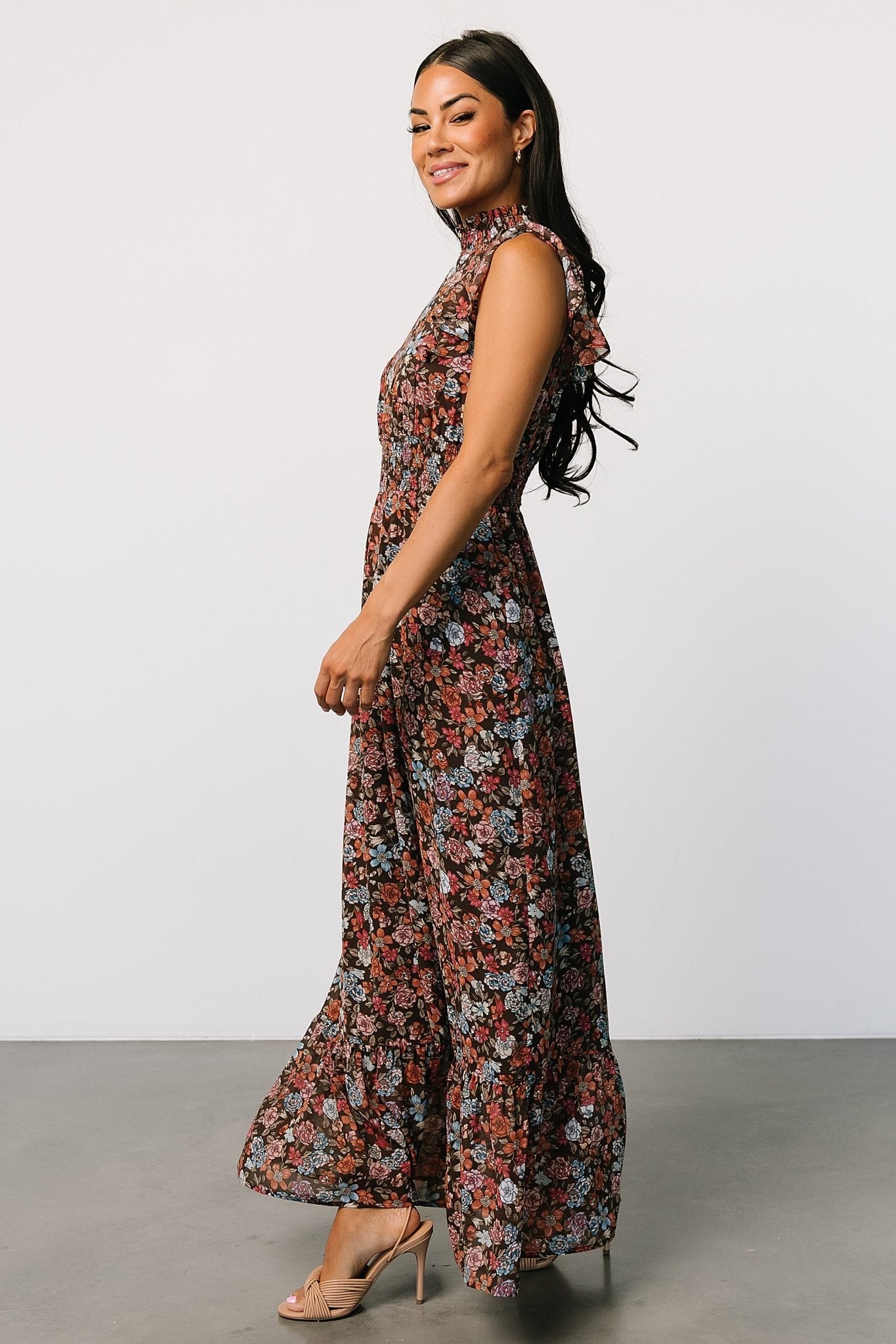 Kearny Ruffle Maxi Dress | Brown Multi Floral - Baltic Born