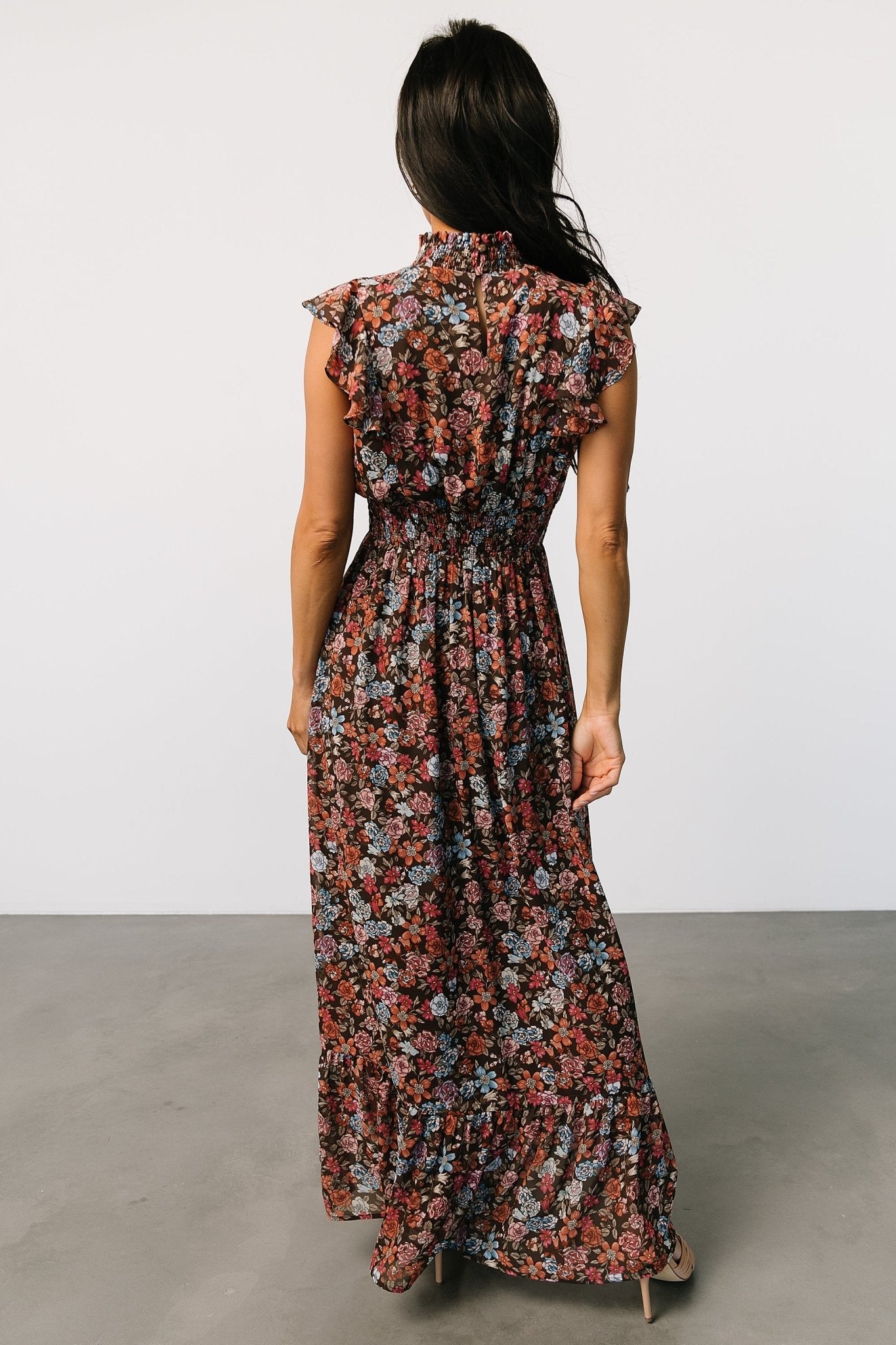 Brown Floral Ruffle Neck Dress