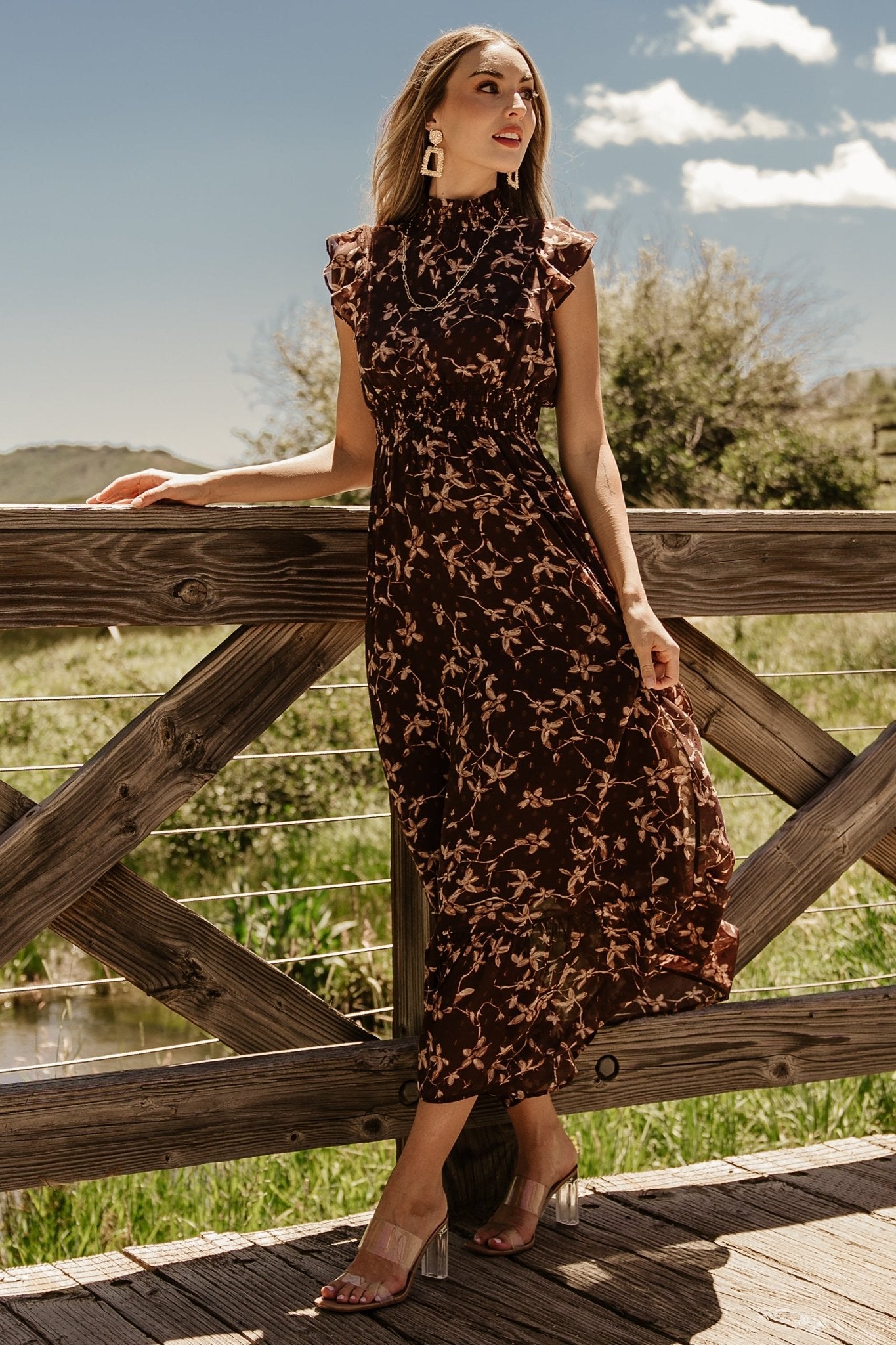 Kearny Ruffle Maxi Dress | Brown + Natural - Baltic Born